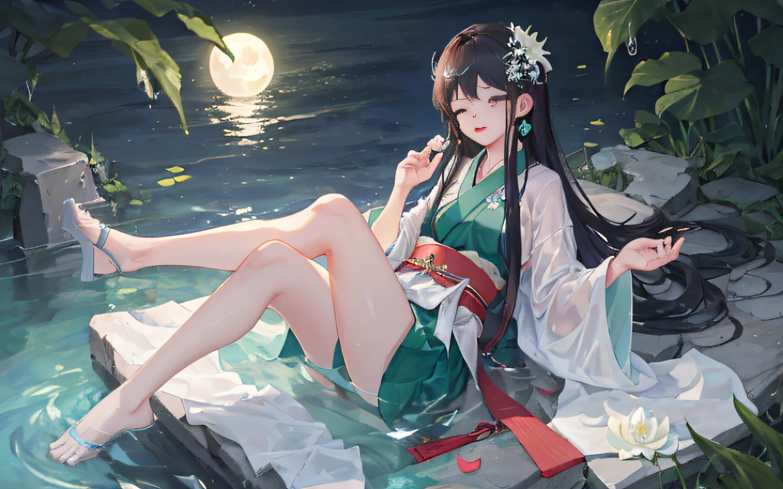 Dark green Hanfu, a woman, cool, fair skin, sea of flowers, pond, petals floating on the water, lily, clavicle, eyes closed, half submerged in water, dark background, moonlight, hairpin, jade pendant, Hanfu, delicate faces, hair accessories, red lips, skirts, belts, jewelry, long hair, earrings, , strands of hair, perfect body proportions, wet, slender legs, bridges,
