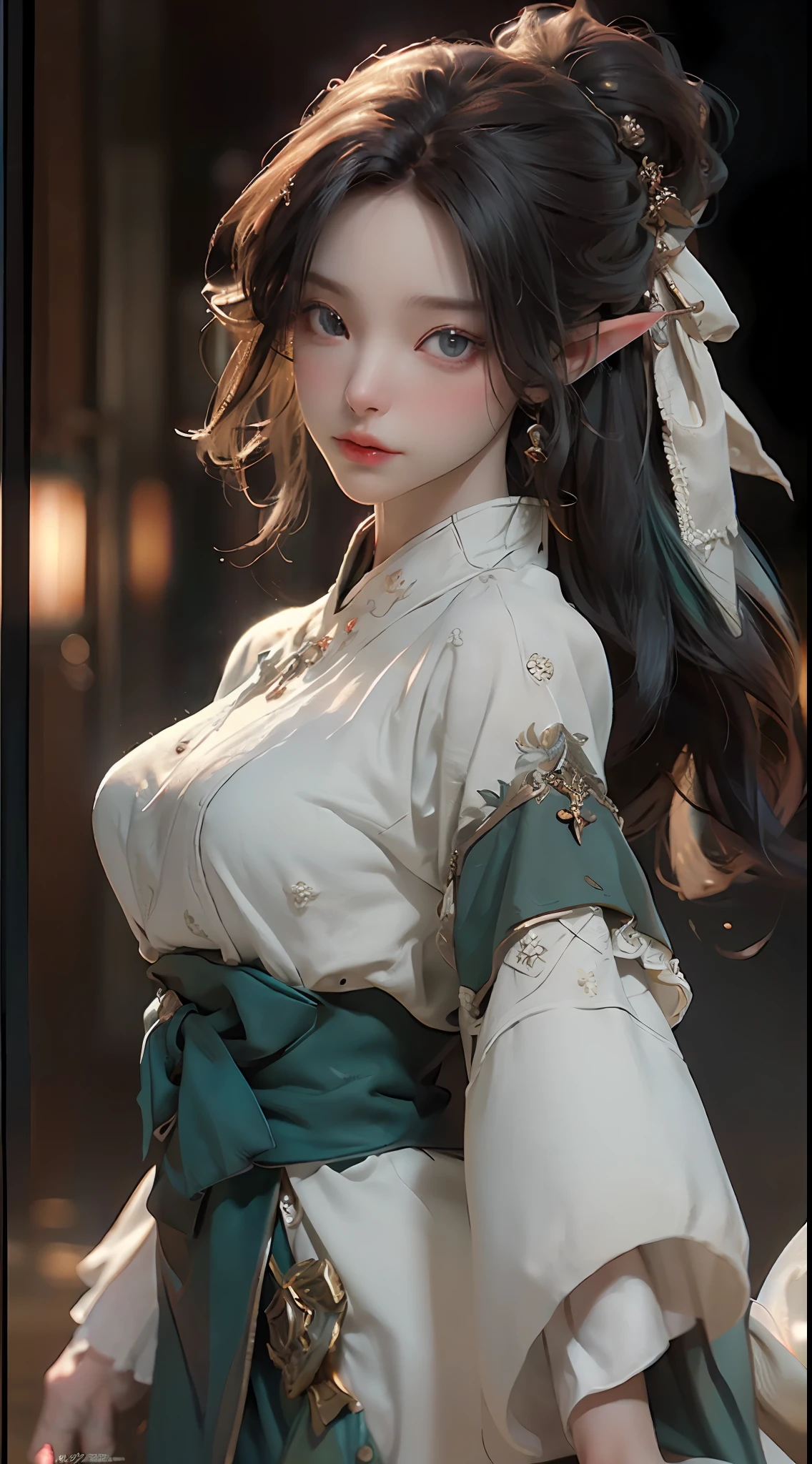 ((best qualtiy)), ((tmasterpiece)), (the detail:1.4), 3D, A beautiful female image of an elf,HDR(HighDynamicRange),Ray traching,NVIDIA RTX,Super-Resolution,Unreal 5,Subsurface scattering、PBR Texture、post-proces、Anisotropy Filtering、depth of fields、maximum definition and sharpness、Many-Layer Textures、Albedo e mapas Speculares、Surface Coloring、Accurate simulation of light-material interactions、perfectly proportions、Octane Render、Two-colored light、largeaperture、Low ISO、White balance、the rule of thirds、8K RAW、