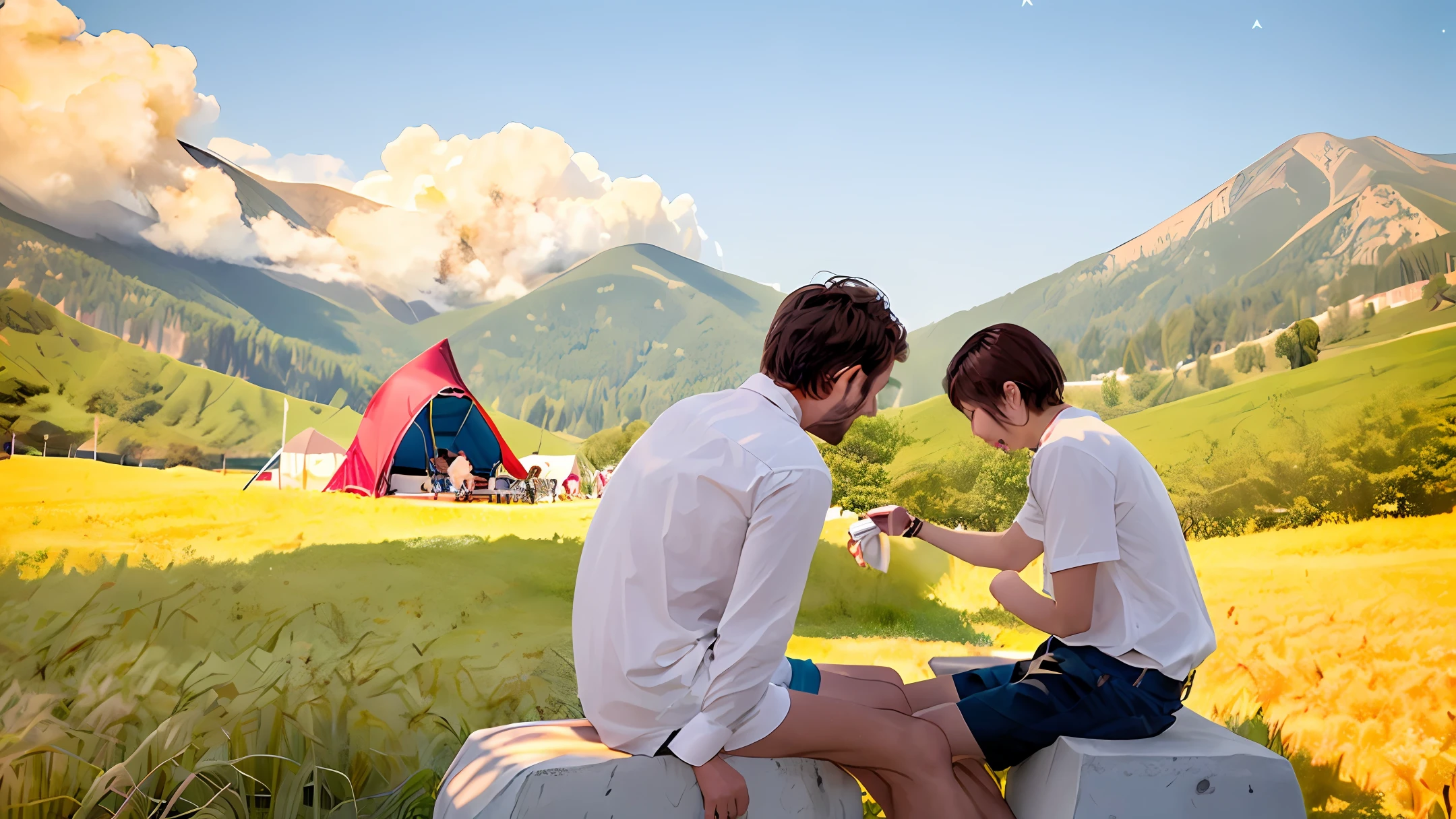 Sunset,At the foot of the mountain, the man sits on a stone,The woman next to her is pitching a tent,Next to it is a fire wheat field,Behind is the big mountain,building,he Ferris wheel,There are burning clouds and stars in the sky