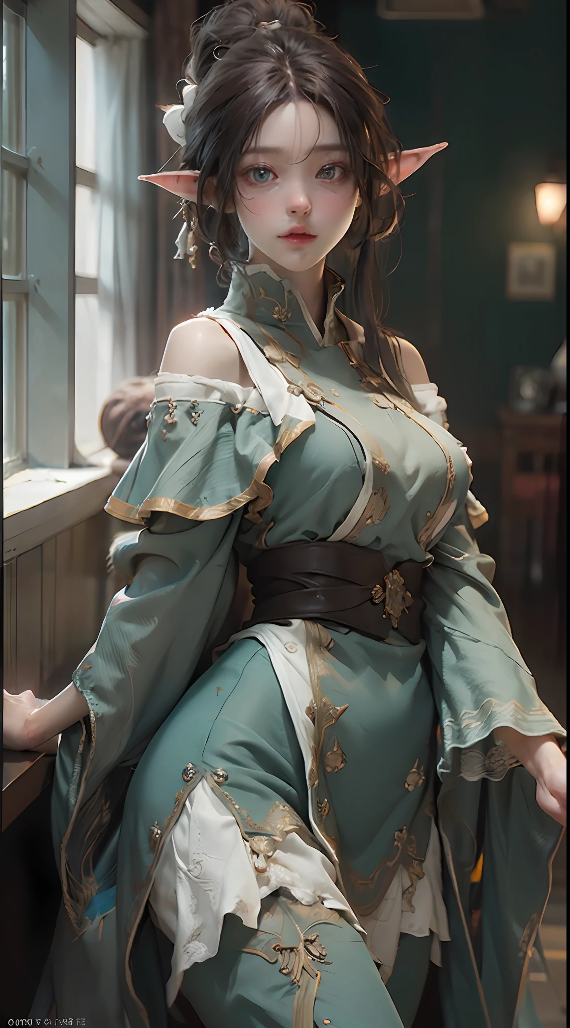 ((best qualtiy)), ((tmasterpiece)), (the detail:1.4), 3D, A beautiful female image of an elf,HDR(HighDynamicRange),Ray traching,NVIDIA RTX,Super-Resolution,Unreal 5,Subsurface scattering、PBR Texture、post-proces、Anisotropy Filtering、depth of fields、maximum definition and sharpness、Many-Layer Textures、Albedo e mapas Speculares、Surface Coloring、Accurate simulation of light-material interactions、perfectly proportions、Octane Render、Two-colored light、largeaperture、Low ISO、White balance、the rule of thirds、8K RAW、
