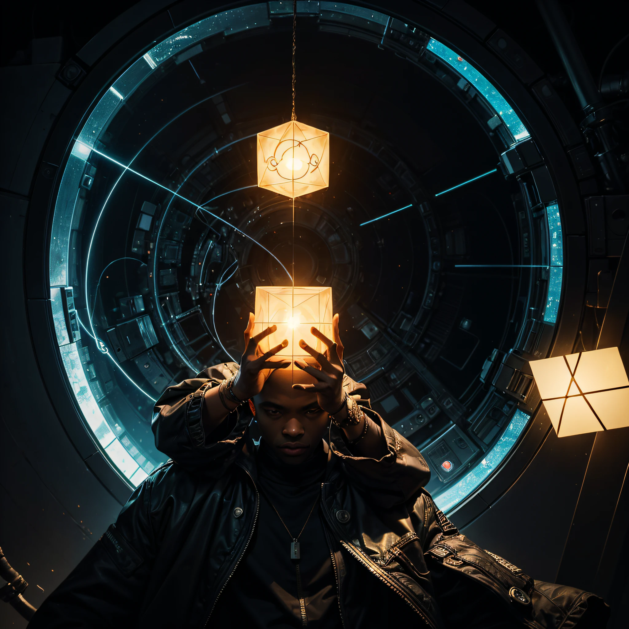 a man coming out of a stargate like the one in Stargate SG1, Black man. holding a mechanical cube with circles on the sides. the cube has some glowing lines. the cube is radiating energy. the man is commanding the cube, the man is a scientist.  Hyper realistic, Photography, Picture of the week, RAW, beautiful, (finely detailed skin), African skin, (masterpiece) (perfect proportion)(realistic photo)(best quality) (detailed) photographed on a Canon EOS R5, 50mm lens, F/2.8, HDR, (8k) (wallpaper) (cinematic lighting) (dramatic lighting) (sharp focus) (intricate)
