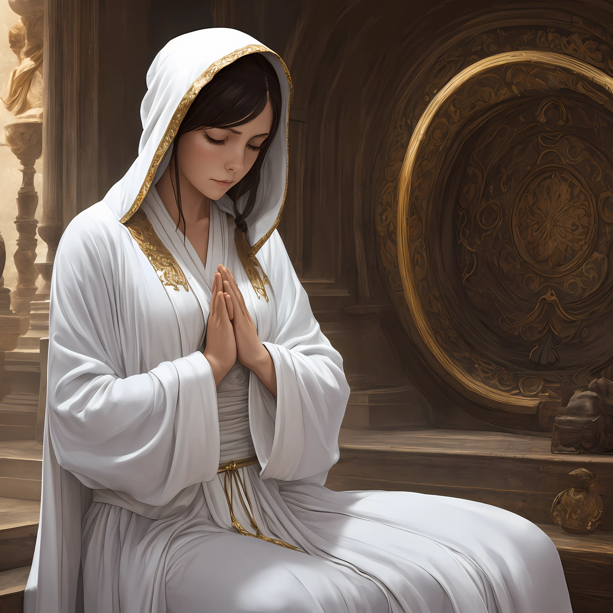 Dark Fantasy, A fair-haired woman in white flowing silk robes with a hood on her head folded her hands in prayer.