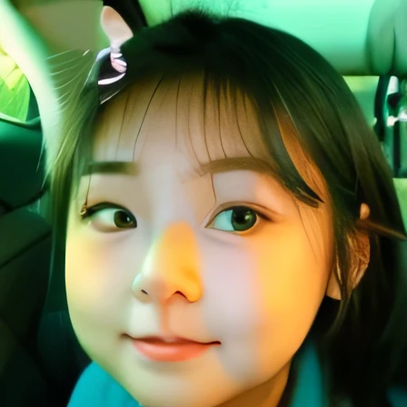 arafed baby in a car with a tie on, she has a cute face, wan adorable korean face, she has a cute expressive face, with round cheeks, cute pout, round nose, with cute doting eyes, pouty face, cute round slanted eyes, her face looks like an orchid, young adorable korean face, cute nose, clear cute face