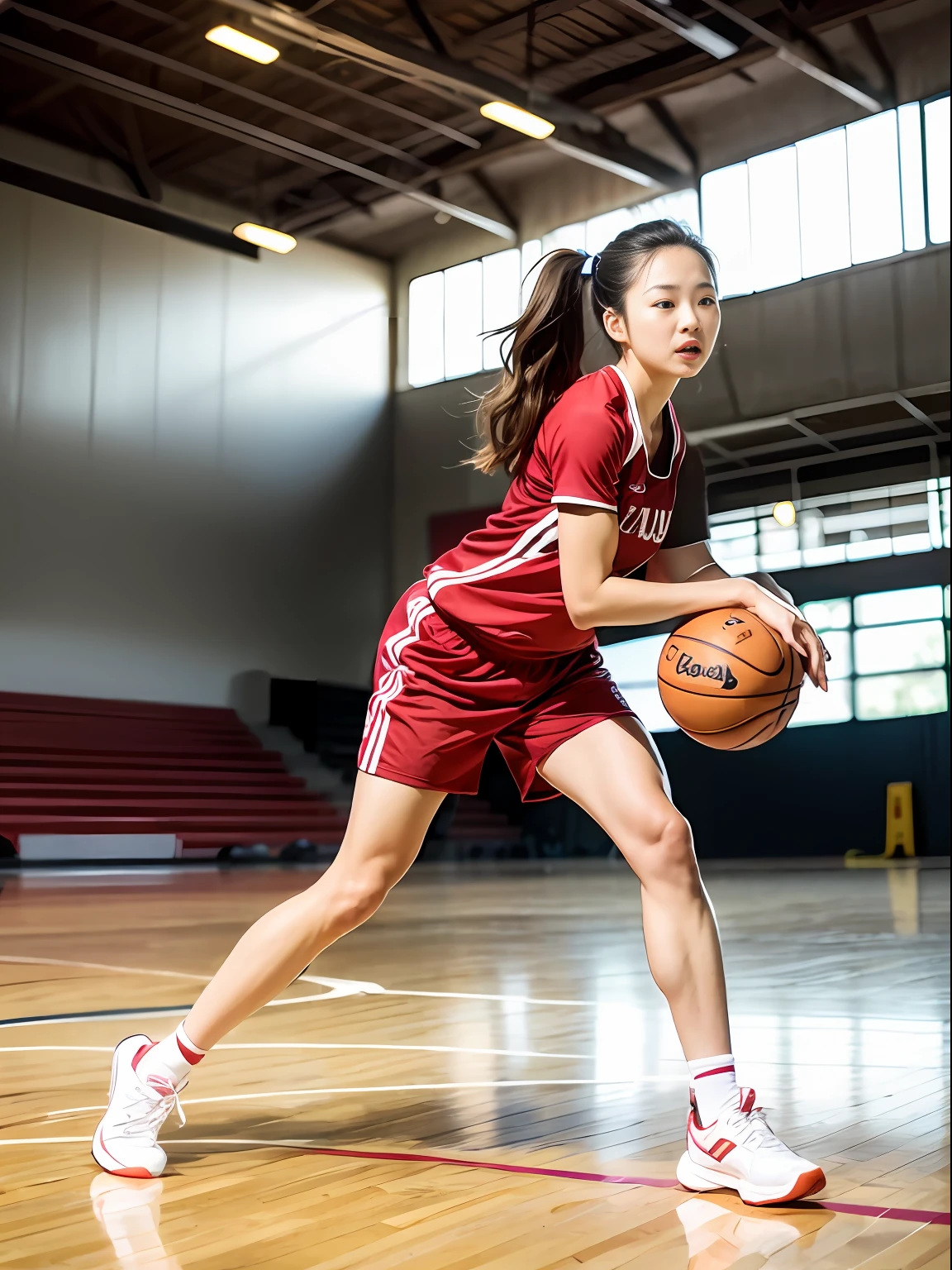 at  basketball court, Chinese woman playing basketball in red and white short-sleeved tracksuit,Long flowing hair