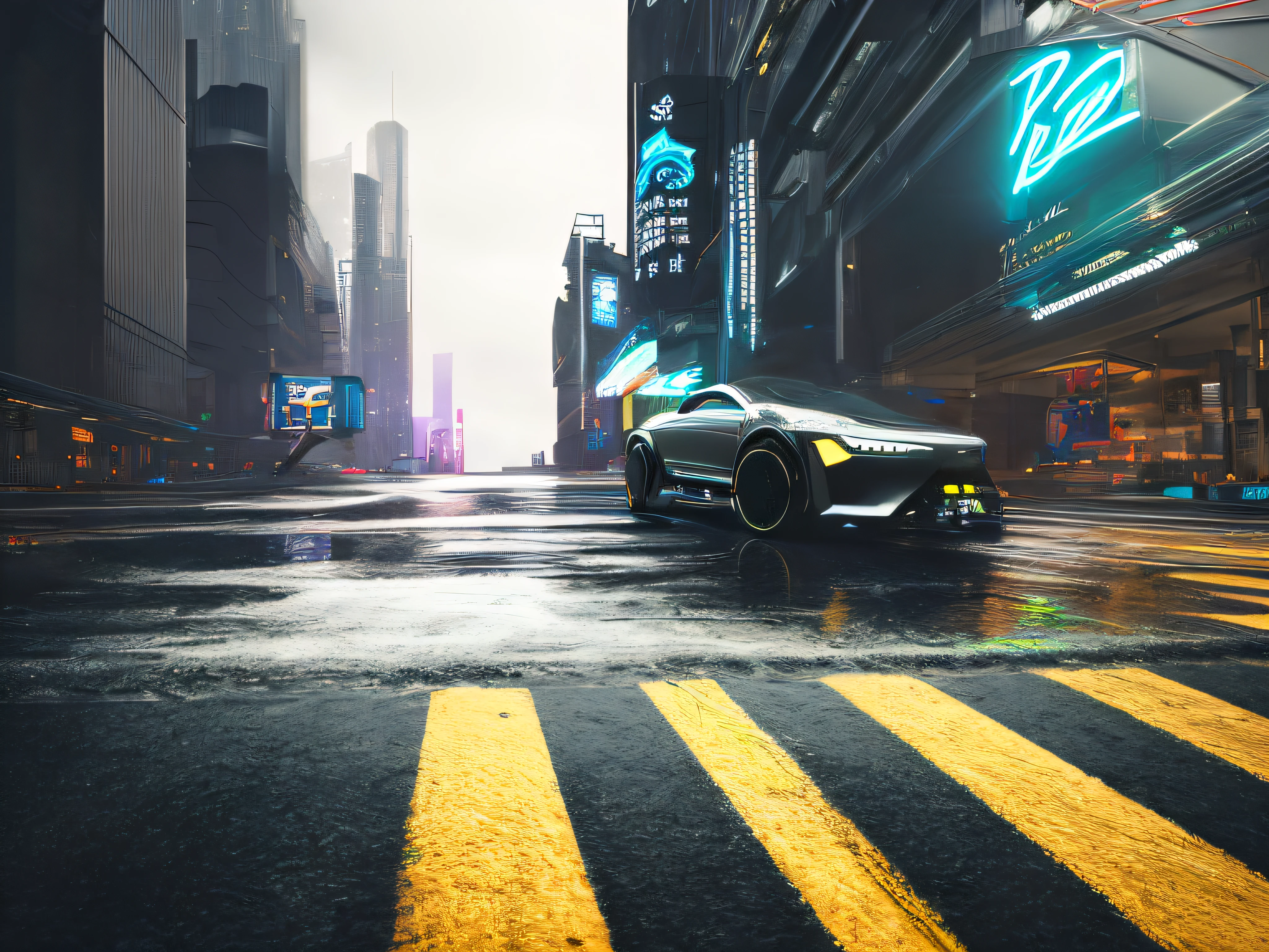 dark photo of single futuristic Metallic texture cyberpunk flying car with futuristic cyberpunk landscape, cinematic concept art,cyberpunk color, masterpiece, rainy day, ray tracking, RTX, intricate, 3d, highly detailed, trending on artstation, 4k,extremely high details, ultra hd, hdr, 8k, extremely high details