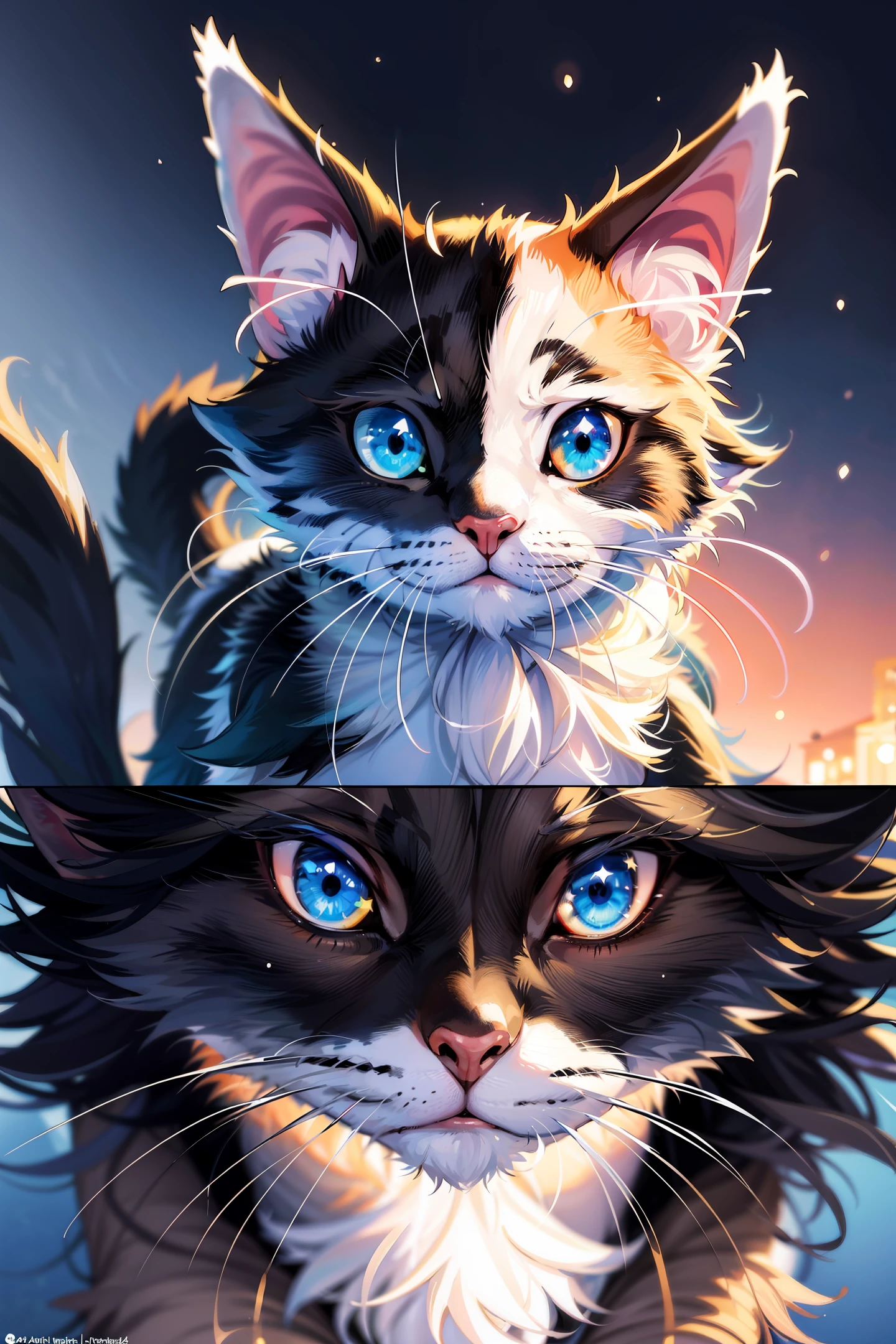 Anime cat with blue eyes and stars in background, anime cat, Cute cat of anime visual, Realistic anime cats, Lovely detailed digital art, Anime art wallpaper 4 K, anime art wallpaper 4k, Very, very beautiful furry art, beautiful anime catgirl, 4 k comic wallpaper, Anime art wallpaper 8 K