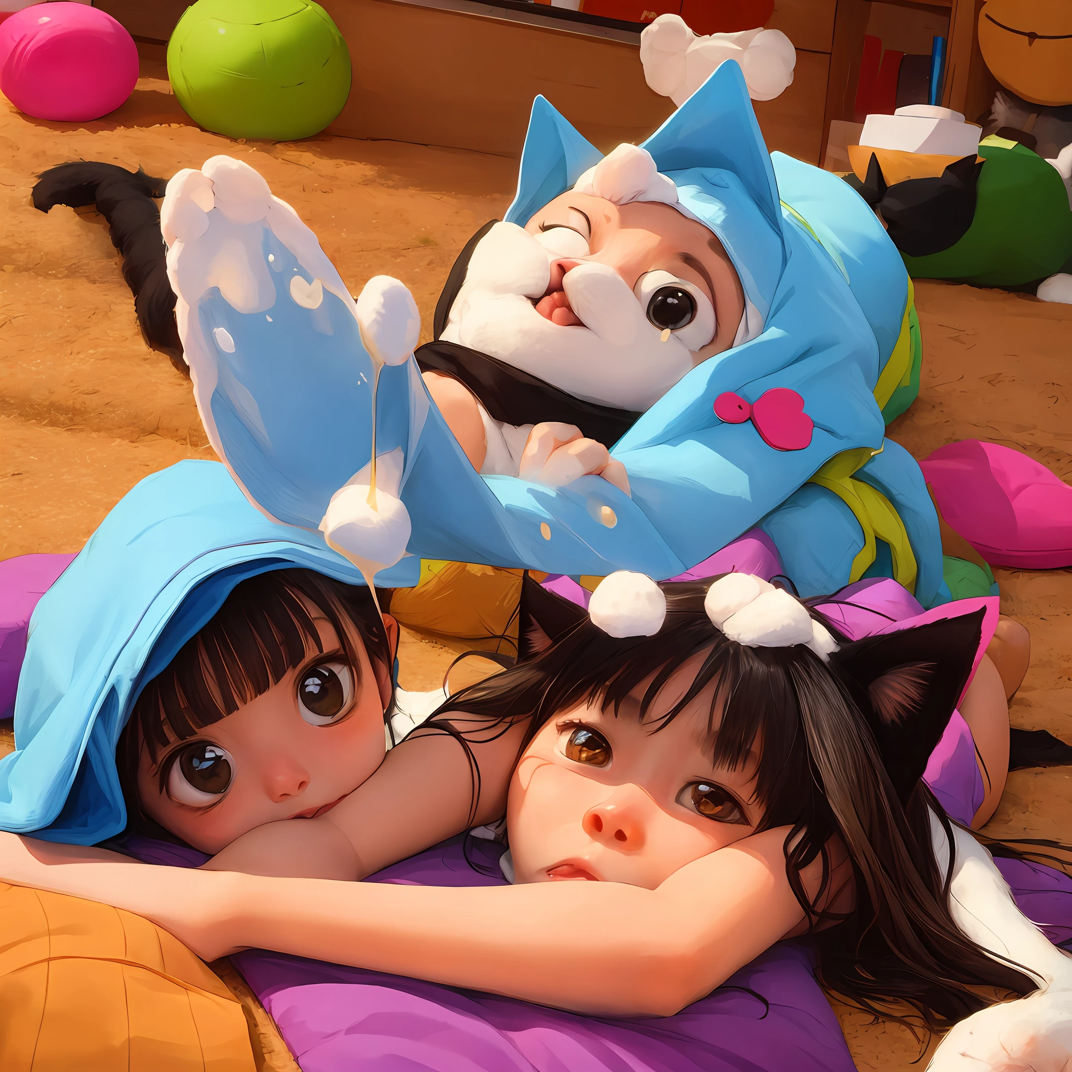 Cat-eared loli lying on her back on the bed spitting out milk