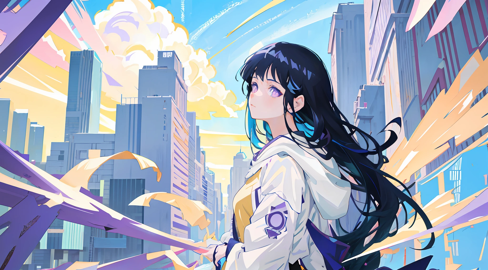 anime girl with long hair and purple eyes looking at the city, anime style 4 k, anime art wallpaper 4k, anime art wallpaper 4 k, anime wallpaper 4 k, anime wallpaper 4k, anime visual of a cute girl, beautiful anime portrait, profile of anime girl, 4k anime wallpaper, girl with dark blue hair, anime art wallpaper 8 k, blunt bangs