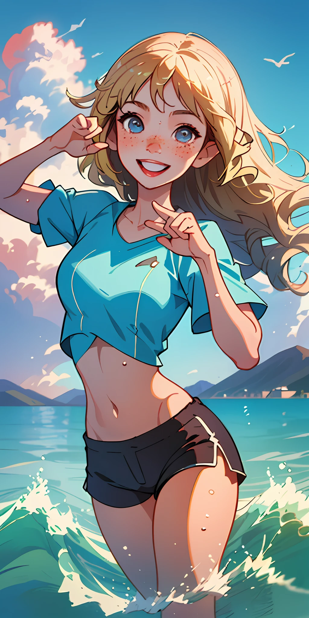 (best quality, masterpiece), 1girl, paw pose, smile, laughing, ocean, crop top, shorts, blonde, freckles, blush, looking at viewer, wavy hair, cloud, splashing, waves, sun, mountain, wet