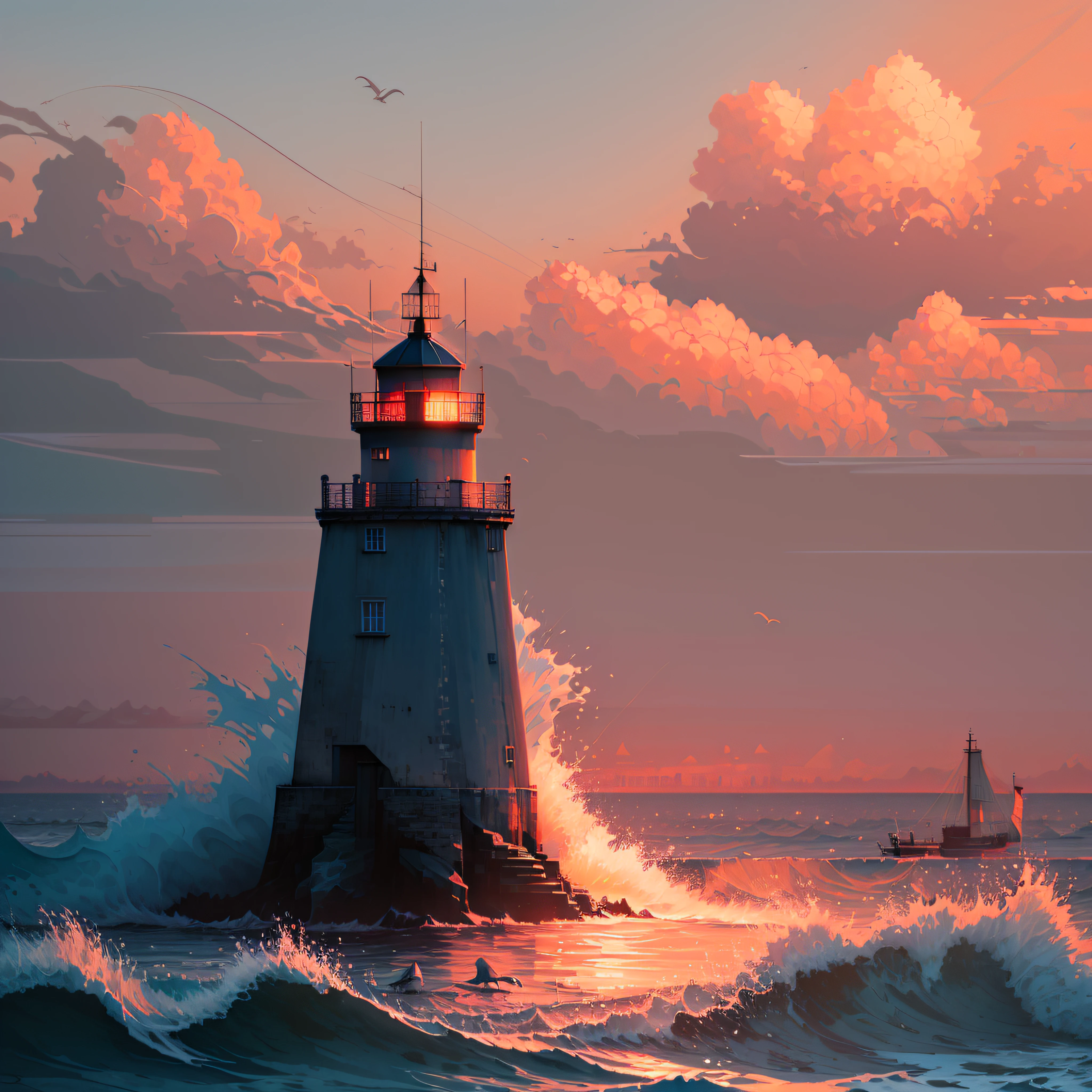 Blue sea，the sunset，Small island，seagulls，lighthouse，fishing boat，4K，8K，with blue sky and white clouds，swell sea，shock wave，suns