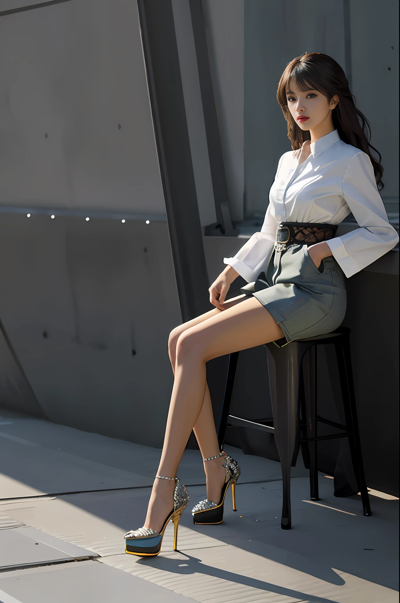 Alafi sat in his chair，legs crossed, korean women's fashion model, elegant girl in urban outfit, wearing elegant casual clothes, wearing elegant outfits, Gorgeous young Korean woman, very beautiful long slim legs, high - end fashion photoshoot, elegant fashion model, white shirt and grey skirt, very beautiful slim legs, high fashion classy, stunning elegant pose