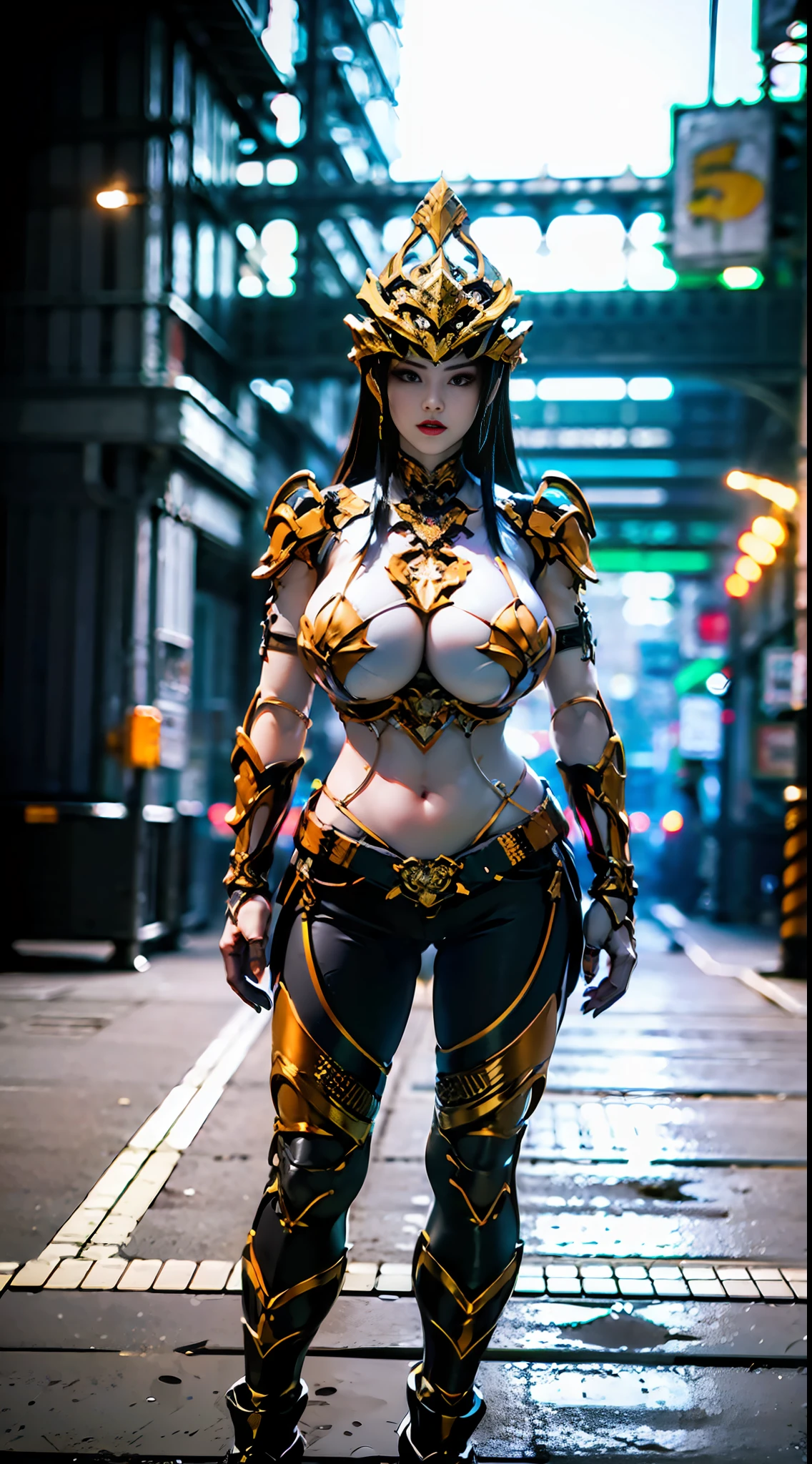 ((Unreal Engine 5)), Realistic Rendering, Excellent, lights on armor, cybernetic headwear, helm, (Yoga Pants), looking on viewer, posing walkdown on street, beautiful face, makeup, (photorealism:1.2), ultrarealistic uhd face, (huge fake boobs:1.4), (gigantic breasts:1.1), (muscle abs), (big butt), (wide hips), (thick thighs), slim waist, hourglass figure, full body, ((glowing skin)), ((shiny skin)), Realistic body, ((she is sexy)), ((clean skin)), photorealistic, bokeh, masterpiece, highres, 1080P.