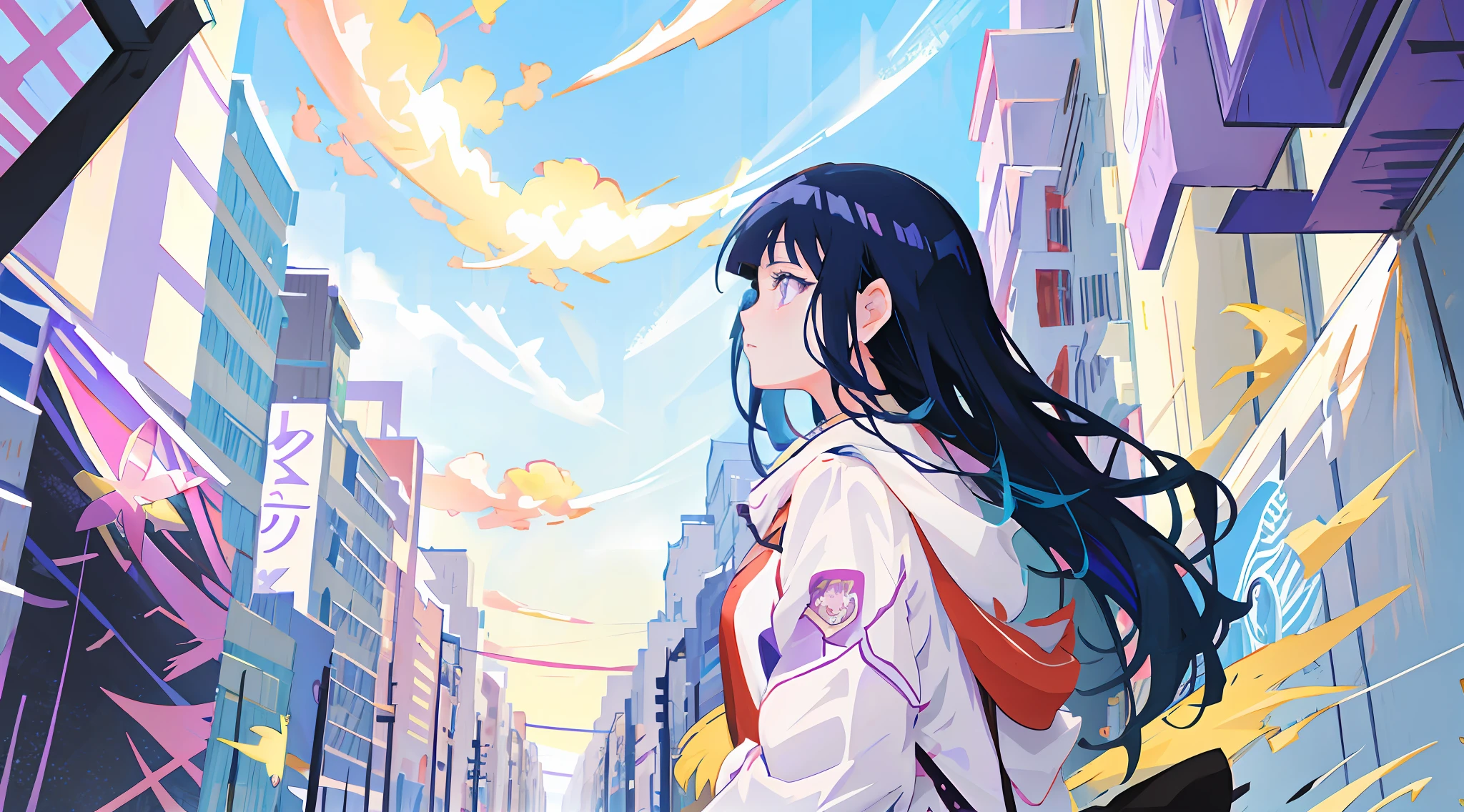 anime girl with long hair and purple eyes looking at the city, anime style 4 k, anime art wallpaper 4k, anime art wallpaper 4 k, anime wallpaper 4 k, anime wallpaper 4k, anime visual of a cute girl, beautiful anime portrait, profile of anime girl, 4k anime wallpaper, girl with dark blue hair, anime art wallpaper 8 k, blunt bangs