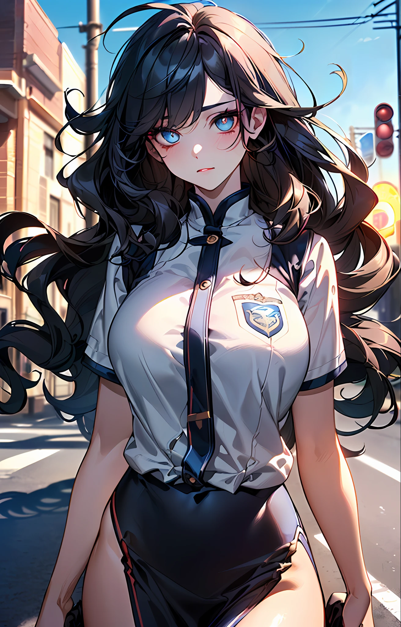 cabelos preto e longos，Black color hair，（best qualtiy，8K，tmasterpiece），(on the roadside，are standing，standing on a street curb，Capture），(A pretty maiden，pupils，astonishment，cabelos preto e longos，Long messy hair，curlies，Huge eyes:1.3，Long eyelashes，Delicate makeup:1.4，Blushlush)，(on the roadside，are standing，standing on a street curb，Capture），（Fashionable outfits，in school uniform，Student clothes），(Student clothes），Best light，Best shadow，电影灯光，14 years old，1girll，Need，（realskin，Supple skin）Ray traching，Reflective skin，Digital illustration，Game CG characters，(Body edge lighting，Colored light sources are around)，There is wind blowing hair，Looking into the distance，
