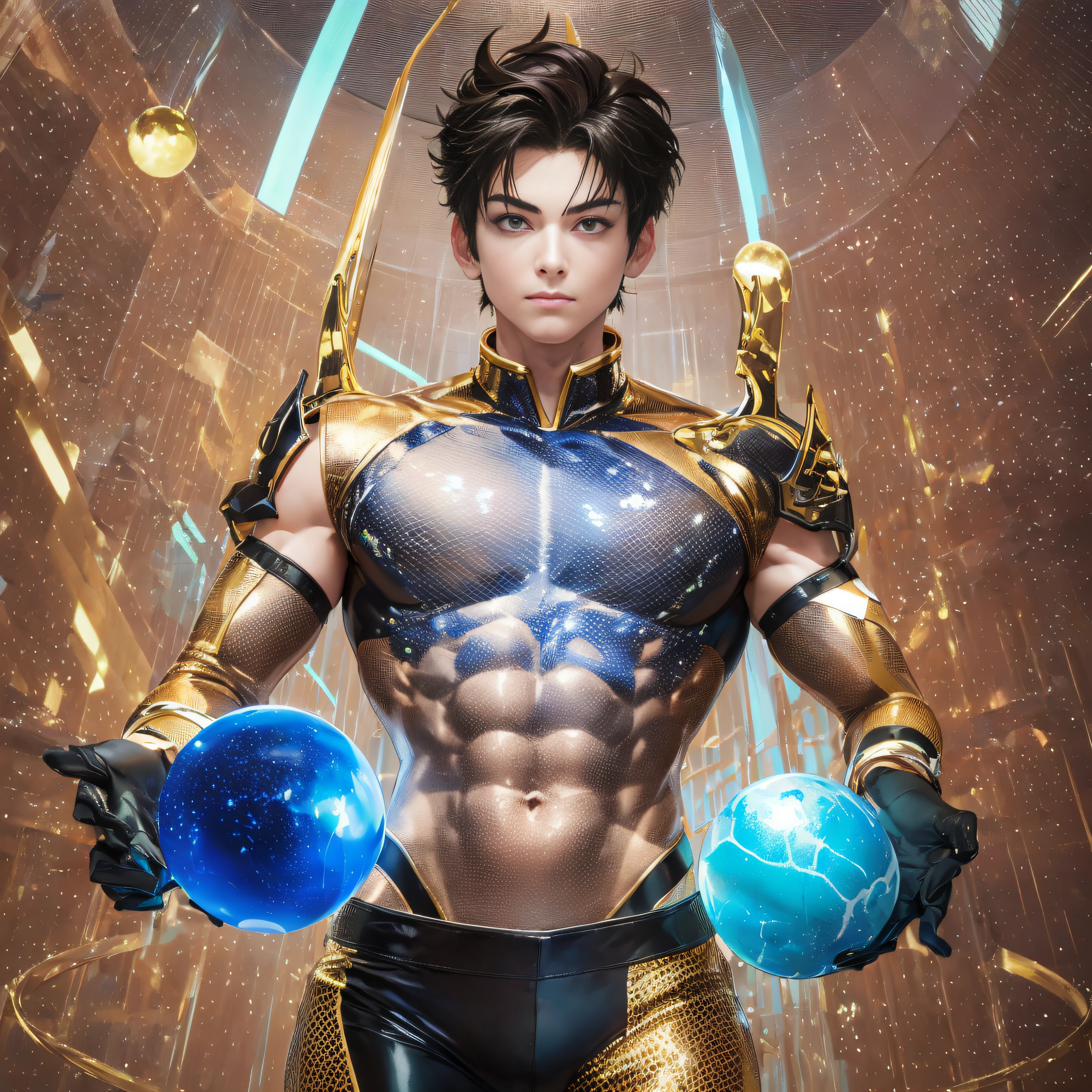 Five electric balls, one blue and one golden, anime boy with hands spread out, glowing spheres around the body, shirtless, athelic, detailed eyes, skinny leather pants