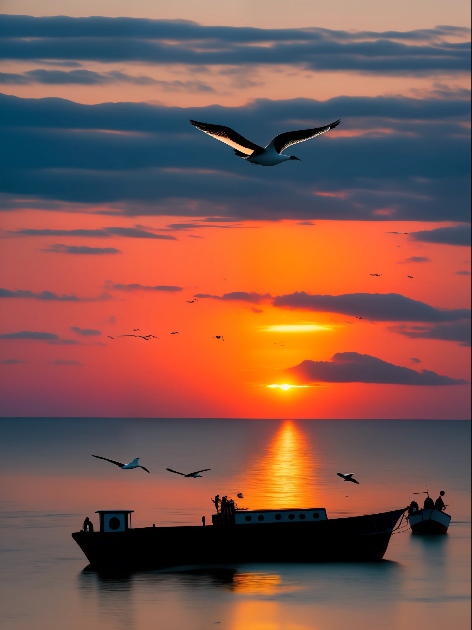 Seaside sunset fishing boat seagulls