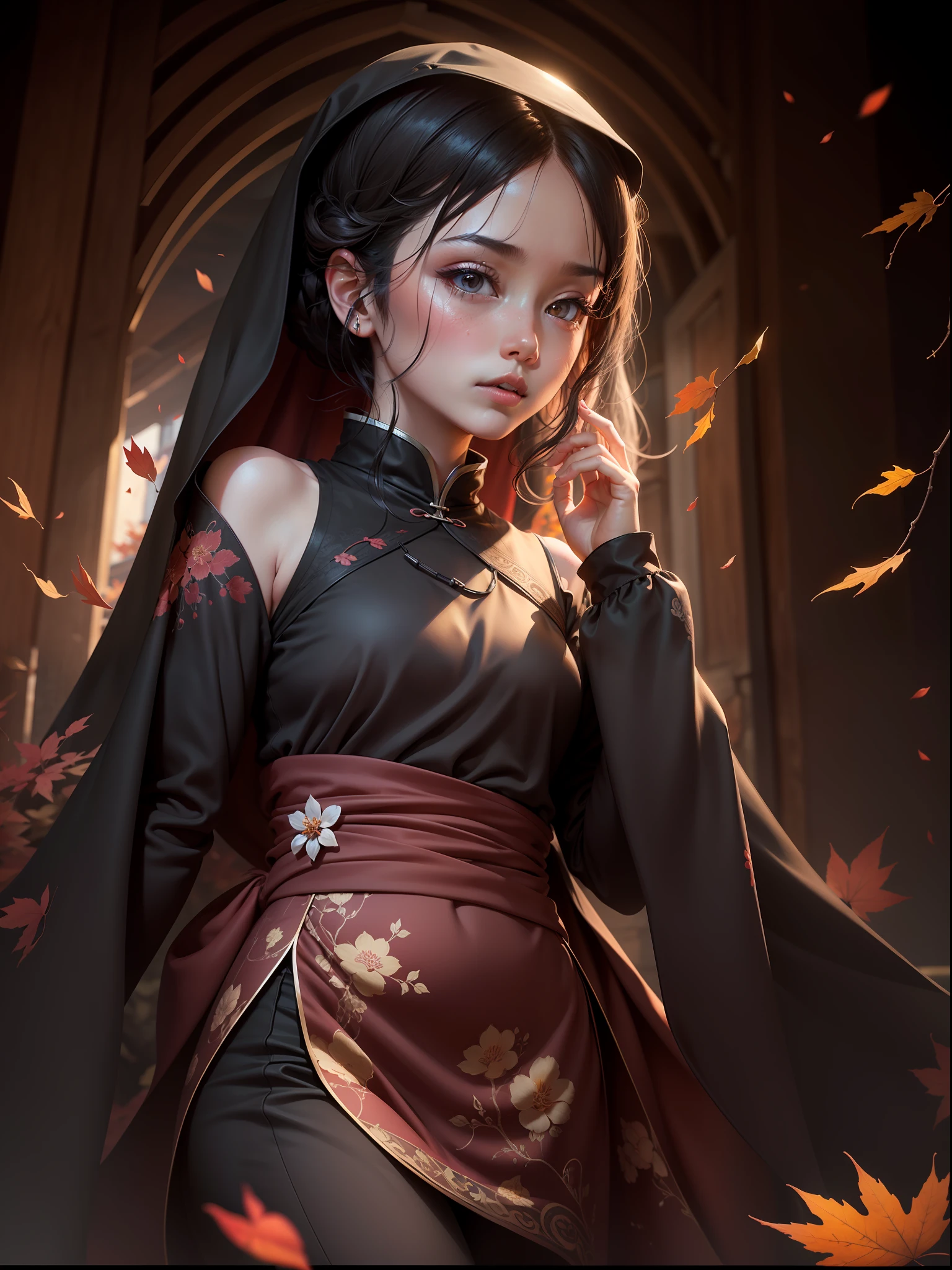 (ultra-detailed CG unity 8k wallpaper),(best illumination, best shadow),(floating, high resolution),black hair,Chinese style,plain veil,crimson lips,no clothes,embarrassment,red clay courtyard,autumn,falling leaves,plum blossom.