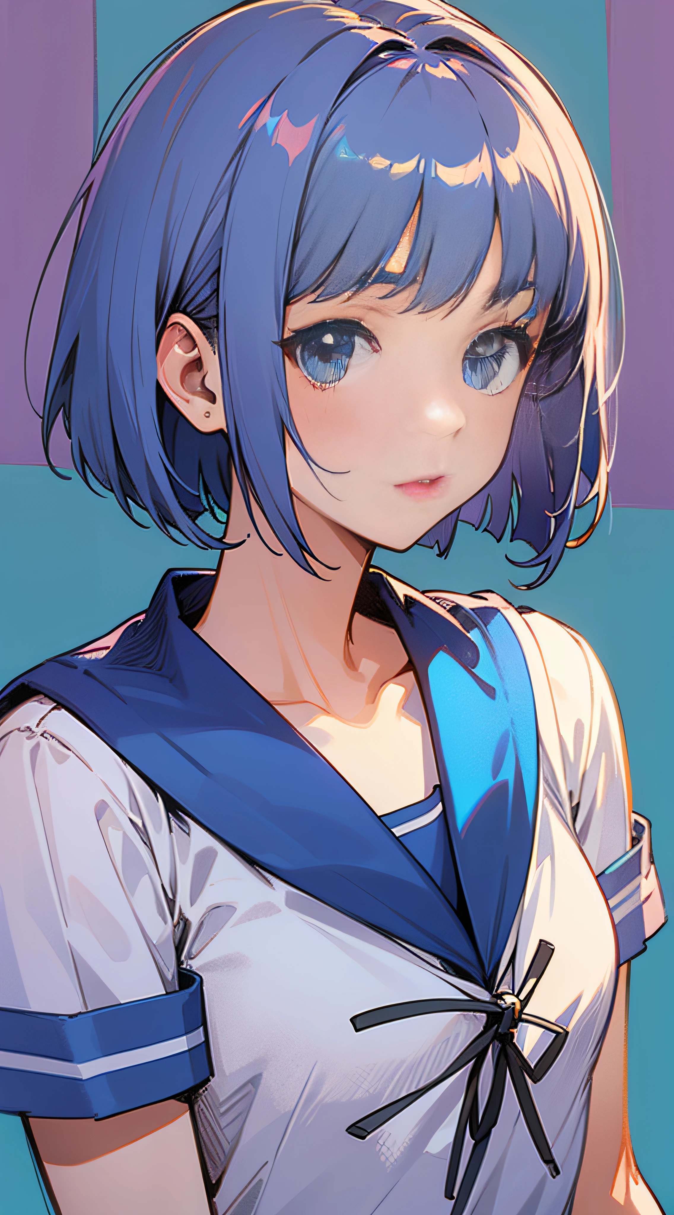 Light blue color　bob cuts　a sailor suit　symple background　high-level image quality