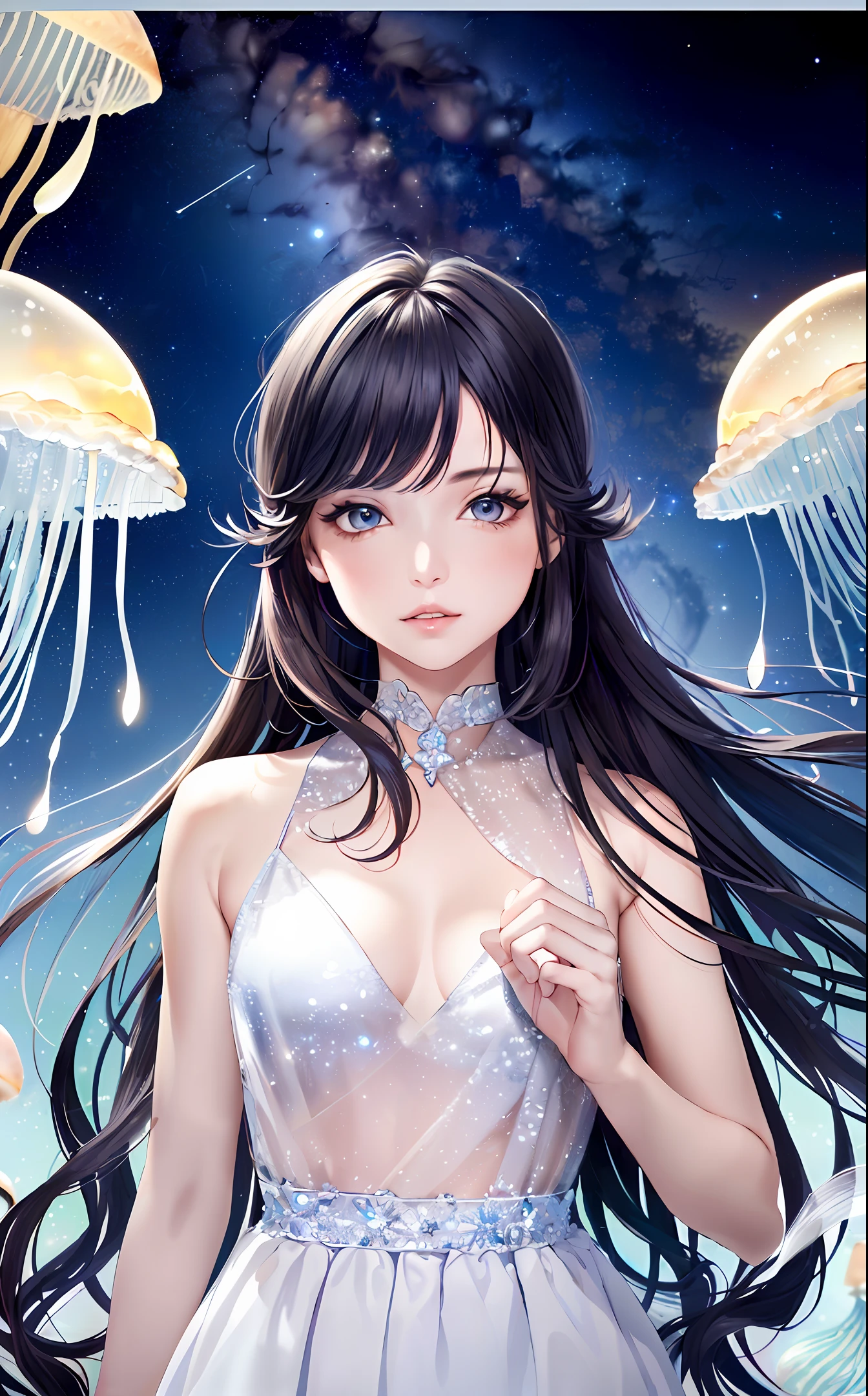Masterpiece, stunning, fine details, best quality, official art, very detailed CG uniform 8k wallpaper, beautiful detail glow, best lighting, (transparent long hair), (transparent body ((girl)) with color)), ((transparent skin)), ((clear water)), (very detailed and beautiful starry sky, cloud background))), ((highly colored glass skin)), ((smoke)), (fine hair), ((ENS 135mm f1.8)), (( Highly transparent skin))), upper body, a girl, (((transparent glass body)))), ((jellyfish)), a pair of delicate beautiful eyes, floating hair, extremely delicate and beautiful, looking at the audience, ((highly transparent skin)), (((seeing the stars in the background through the glass-like body)))