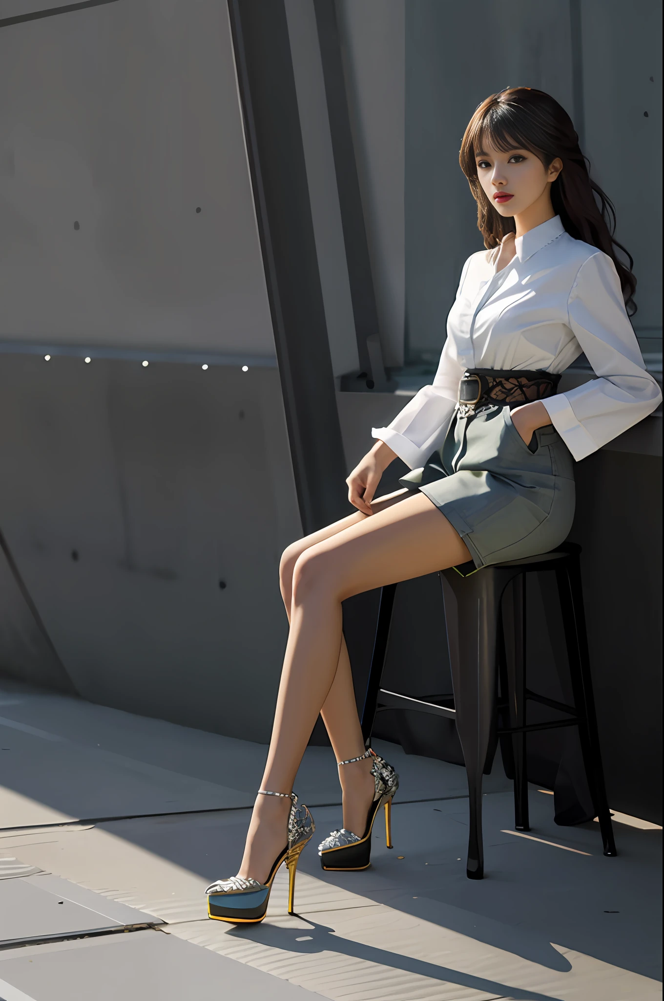 Alafi sat in his chair,legs crossed, korean women's fashion model, elegant girl in urban outfit, wearing elegant casual clothes, wearing elegant outfits, Gorgeous young Korean woman, very beautiful long slim legs, high - end fashion photoshoot, elegant fashion model, white shirt and grey skirt, very beautiful slim legs, high fashion classy, stunning elegant pose