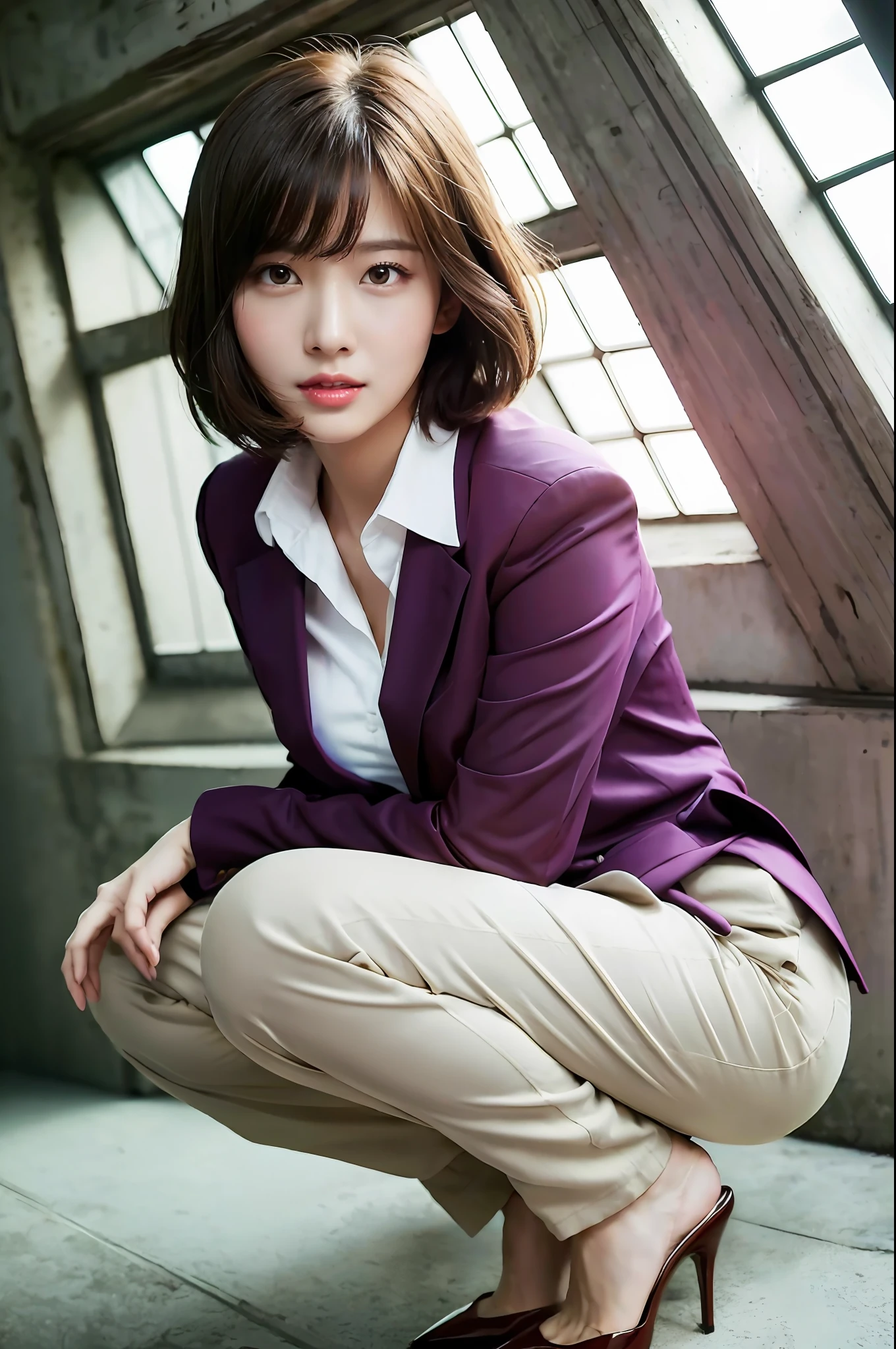 japanese beautiful woman,Ultra detailed skin,Ultra-fine,toView,Brown-eyed,drooing eyes,high detailing,(short-haired with bangs:1.2),(Photorealsitic:1.4),(Top image quality:2.0),(超A high resolution:1.0), (masterpiece:1.5),(pureerosface:1.5),big eye,Dynamic lighting,Bright pink and sparkling lipstick,Beautiful skin that shines white,Business suits,Slack Pants,Open Shirt,20yr old,Squatting,sexypose,Beautiful body lines,open one's legs,facing front