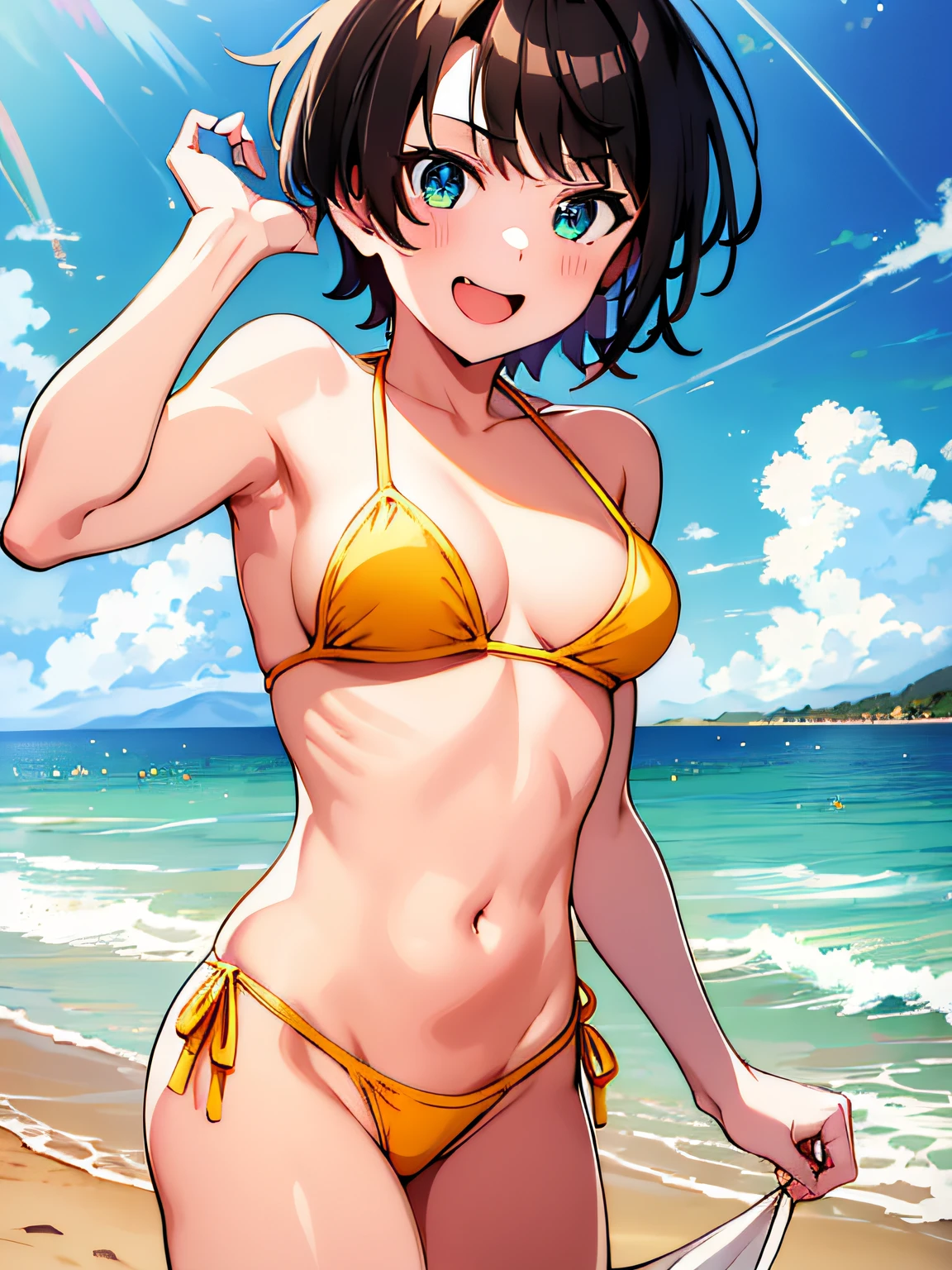 subaru_bikini, masterpiece, best quality, absurdres, perfect antomy, houshouBase, 1girl, solo, middle breasts, standing, smile, outdoor, sea, beach, full body, micro bikini, thong, g-string, thong swimsuit, side-tie bikini bottom, cowboy shots, smile, open mouth, embarrassed, short hair,