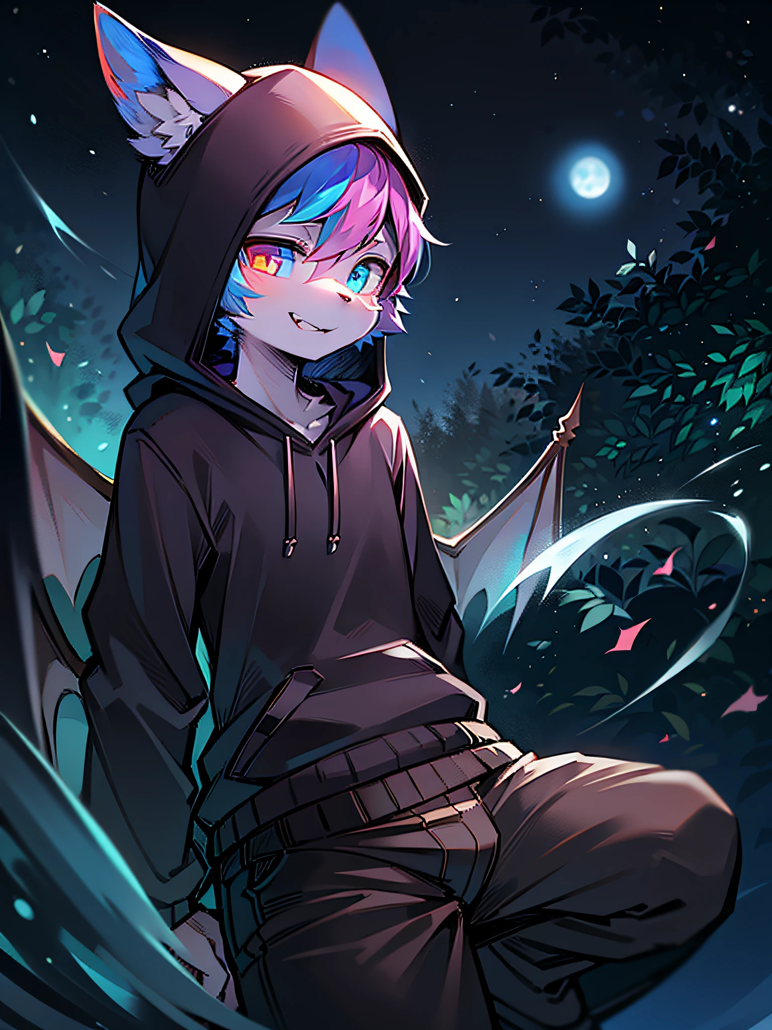 Fang, Bat ears, Pupil of the slit, Heterochromia,Panorama image,Full body like, Glowing eyes, lone nape hair, shoun,male people, ln the forest, the night, Blue Moon, meteors, bat boy, Batwing,Spread your wings,Anti-joint,Hooded sweatshirt, shorter pants, Lick lip, shadowing, 8K, Super detail, ccurate, Best quality