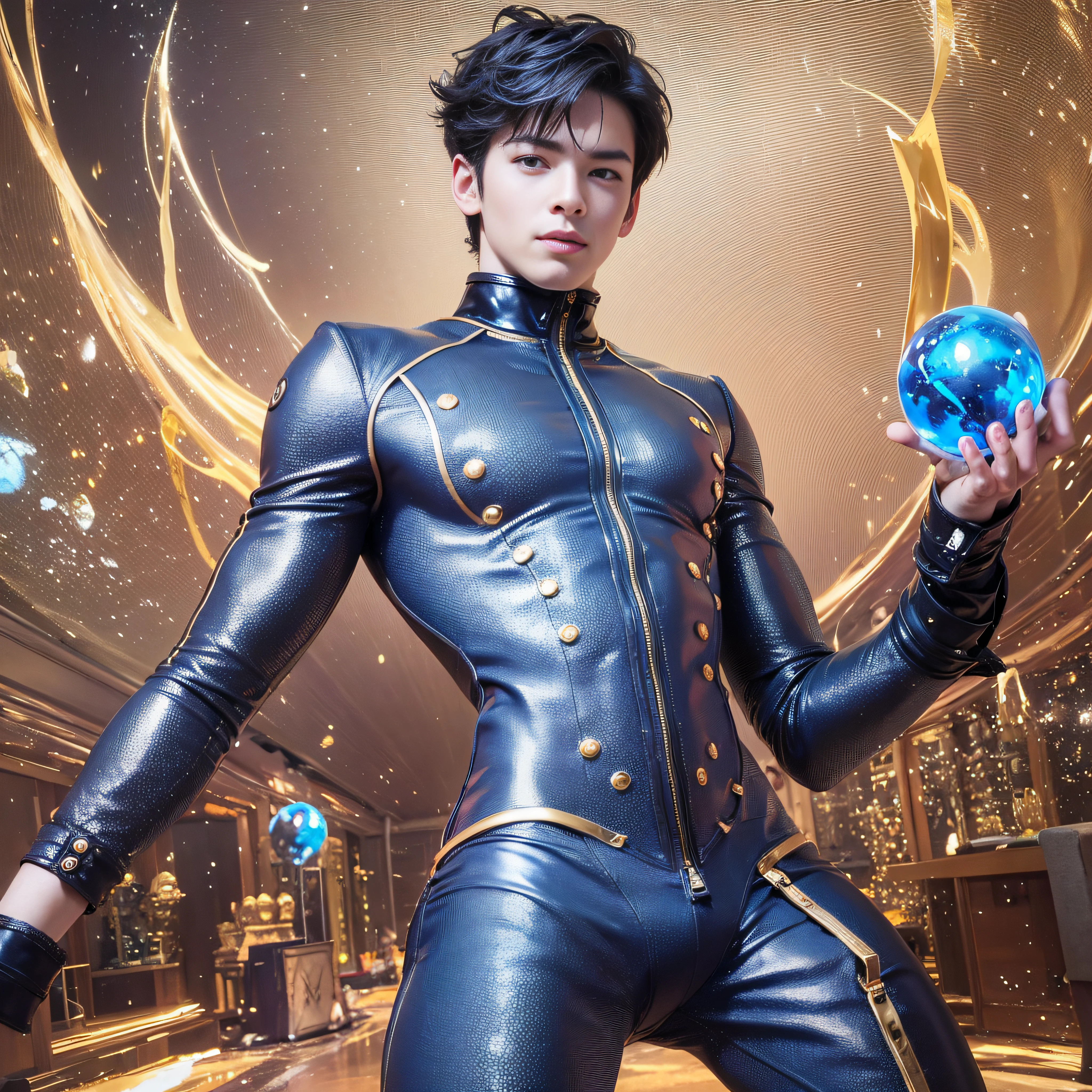 Five electric balls, one blue and one golden, anime boy with hands spread out, glowing spheres around the body, shirtless, athelic, detailed eyes, skinny leather pants, cowboy shot, action dynamic,