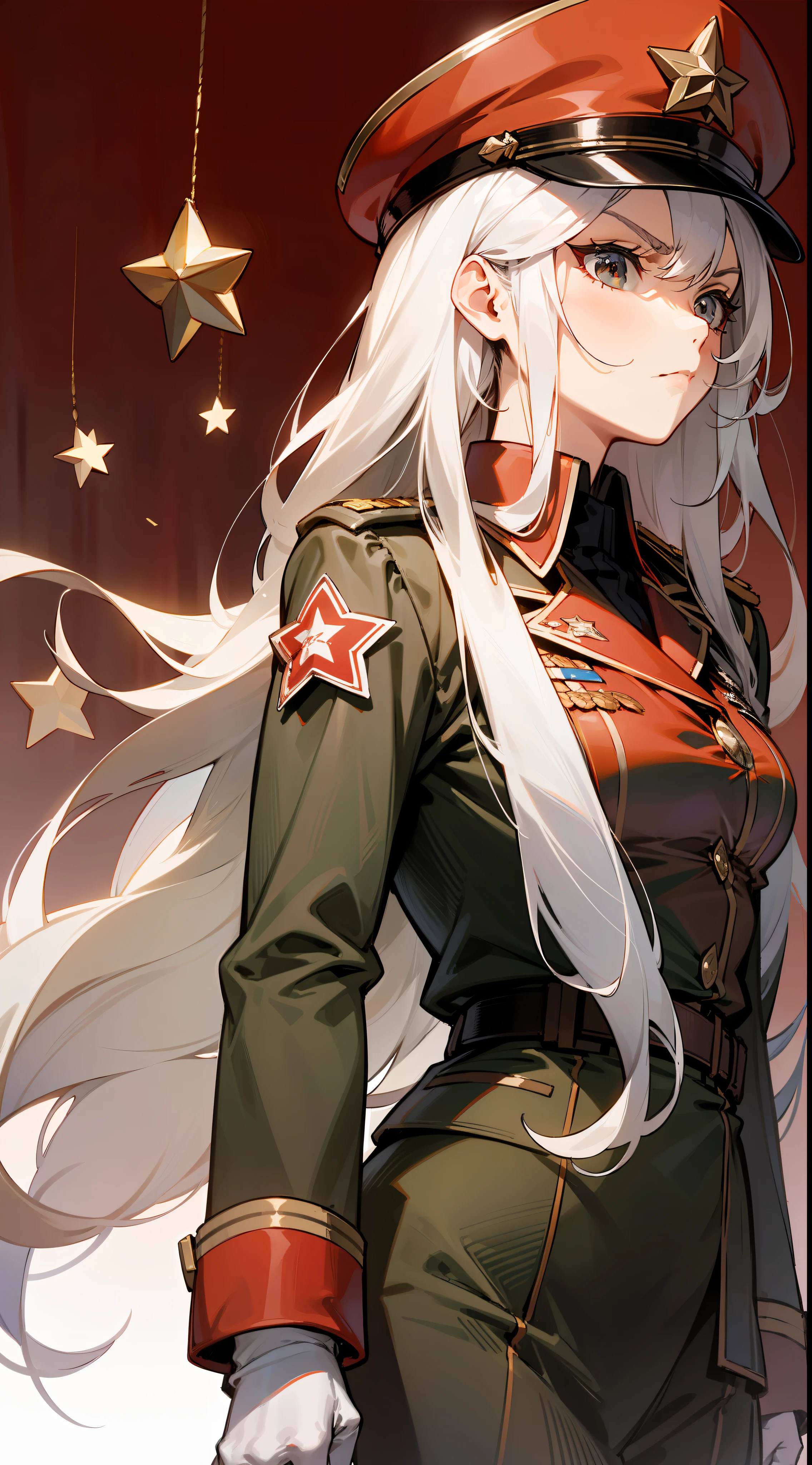Brown military uniform,Condescending,disdain,long white hair,Red Star Cap,serious