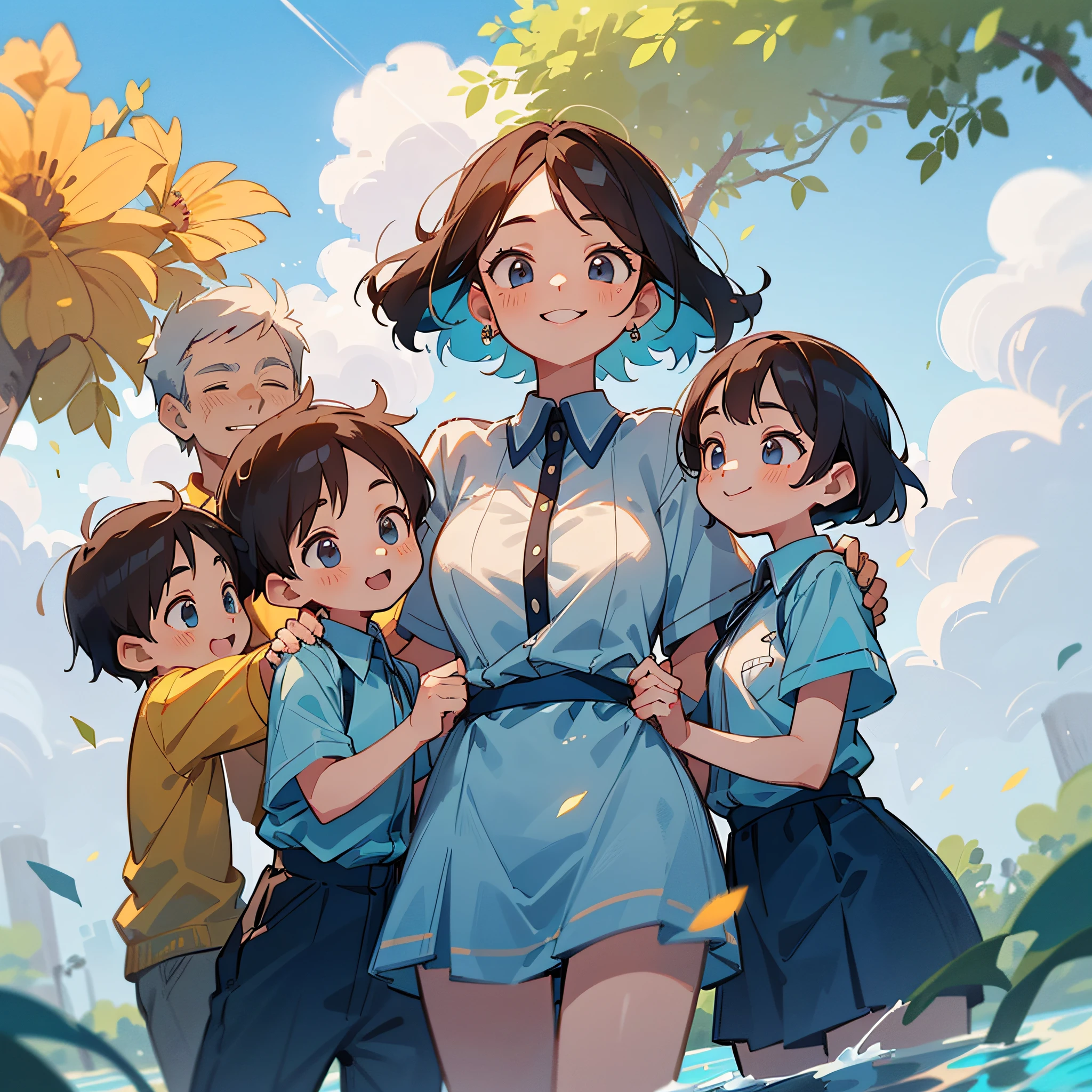 (tmasterpiece,Best quality at best),Delicate gets facial features,Handsless,(((Mom and dad with 3 children playing,Two of the older sisters and one younger brother))),ssmile,finely detailed facial features,Clouds,suns,Clean blue sky,Smile and have fun,No hands exposed,(The air is filled with water mist:1.5)