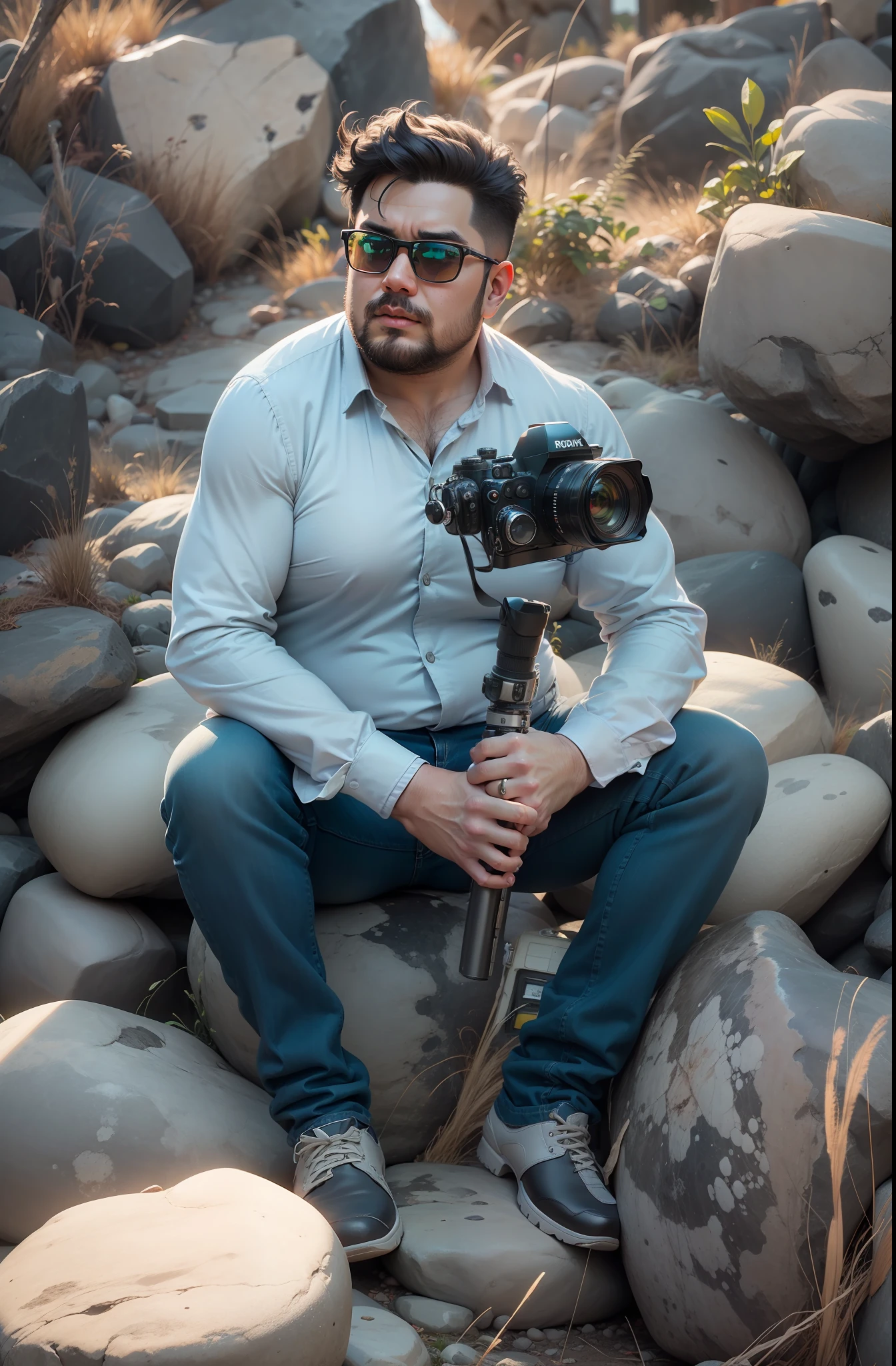 Huge rock stones with shooting Camera around fat man gray color shirt with black blue jeans