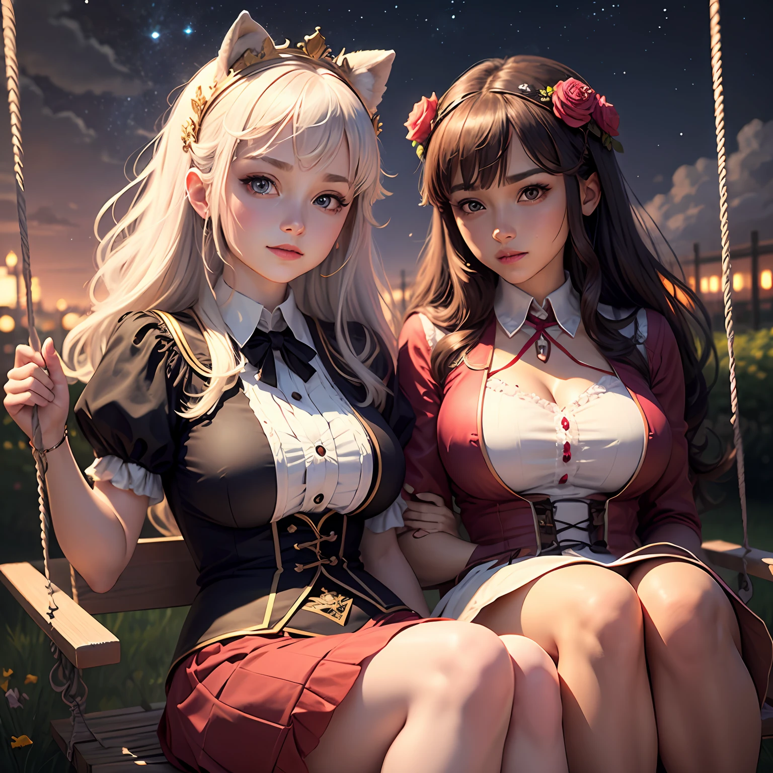 schoolgirls，anime big breast，cabelos preto e longos，the night，sitting on a swing，starrysky，illustration，Rosette elements，Ancient European court costumes，Talk about pink eyes，rose flower headpiece，Cute and agile，k hd，masterpiece，ssmile，Qi bangs，Princess cut，The hair is neat and flowing in the wind --auto