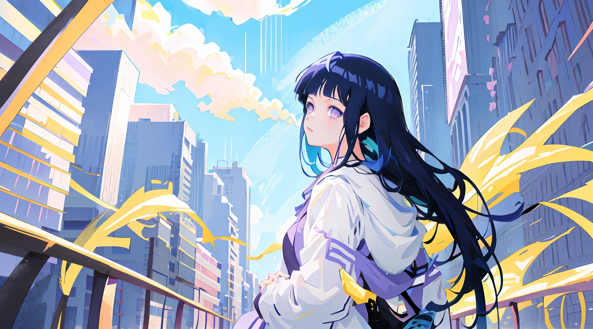anime girl with long hair and purple eyes looking at the city, anime style 4 k, anime art wallpaper 4k, anime art wallpaper 4 k, anime wallpaper 4 k, anime wallpaper 4k, anime visual of a cute girl, beautiful anime portrait, profile of anime girl, 4k anime wallpaper, girl with dark blue hair, anime art wallpaper 8 k, blunt bangs