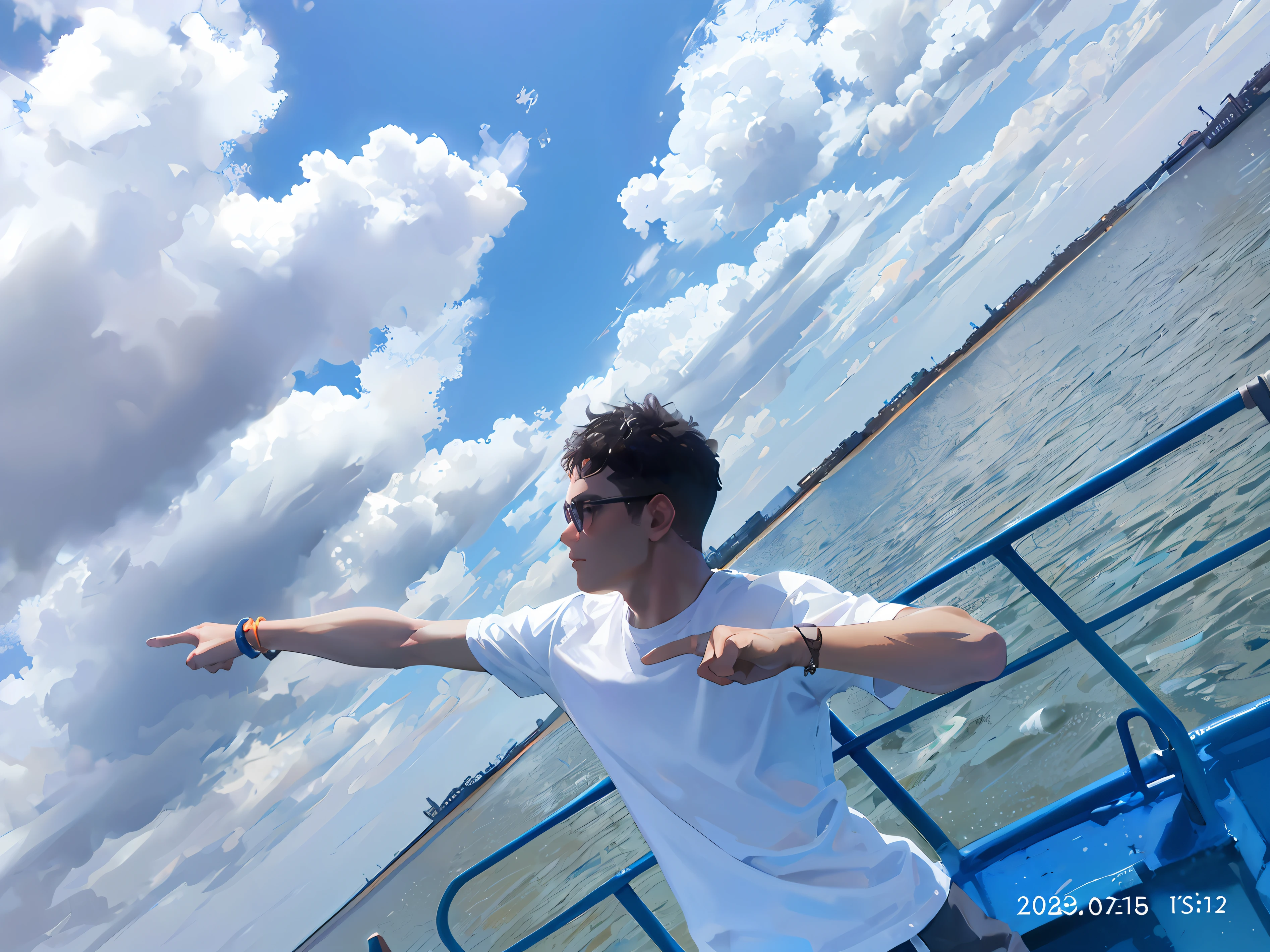 there is a man standing on a boat pointing at something, On a boat, on a boat on a lake, On the sea, on the bow, on the ocean water, his arms spread. ready to fly, the ocean in the background, pointing to heaven, t pose, shot on nikon z9, the ocean in the background, photo taken with canon 5d