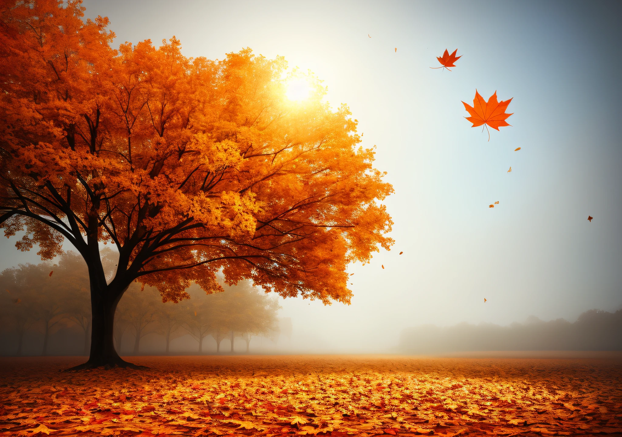 There are a lot of leaves falling from the tree, hyperrealistic fall, magical leafs falling, falling leaf, background artwork, Beautiful digital artwork, Atmospheric. Digital painting, Arte conceitual de inverno, falling leaf, Autumn wind, dreamlike digital painting, Falling leaves, Detailed painting 4 K, Autumn leaves fall, illustration concept art, wind blowing leaves, Concept art wallpaper 4K