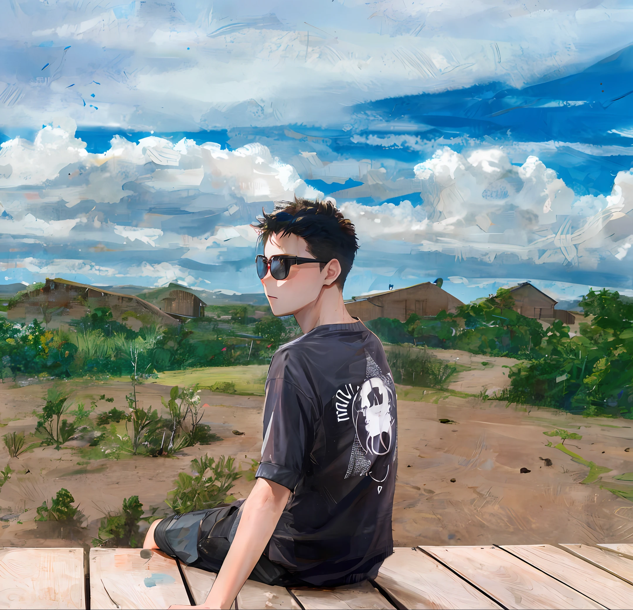 The boy sitting on the wall with his legs in his arms looked into the distance,High cold face,Picture harmony,Card ventilation