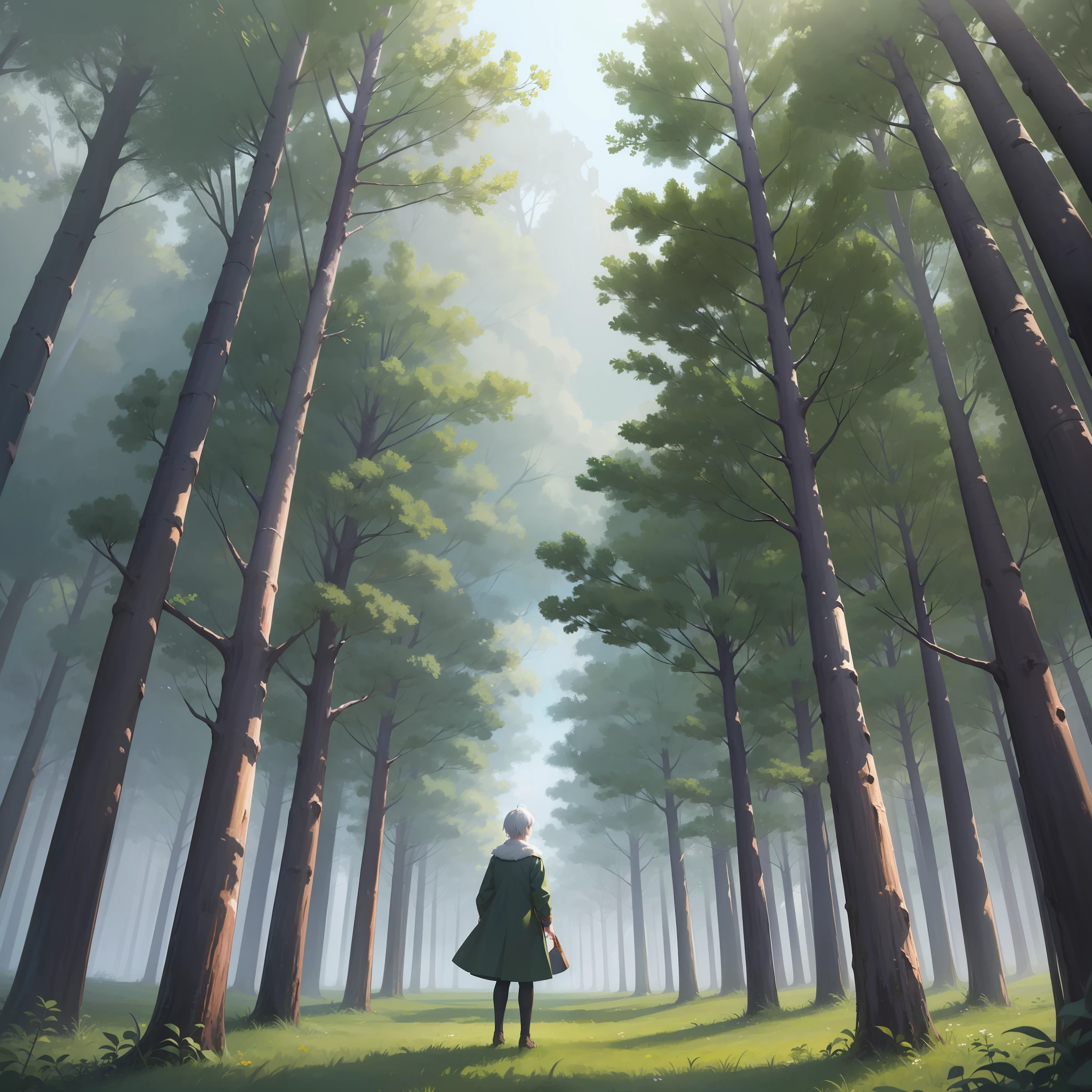 Tree-lined forest, dreamlike perspective, high-angle, A glowing white-haired boy and a cat standing on a branch,
Minimalism, Vast greenery, animation art style, palette
bright, oshare kei, dark white and amber, Loose brush
stroke, Dark green and light red, fairy air, precision
image, Traincore, Hallyu - AR4:3