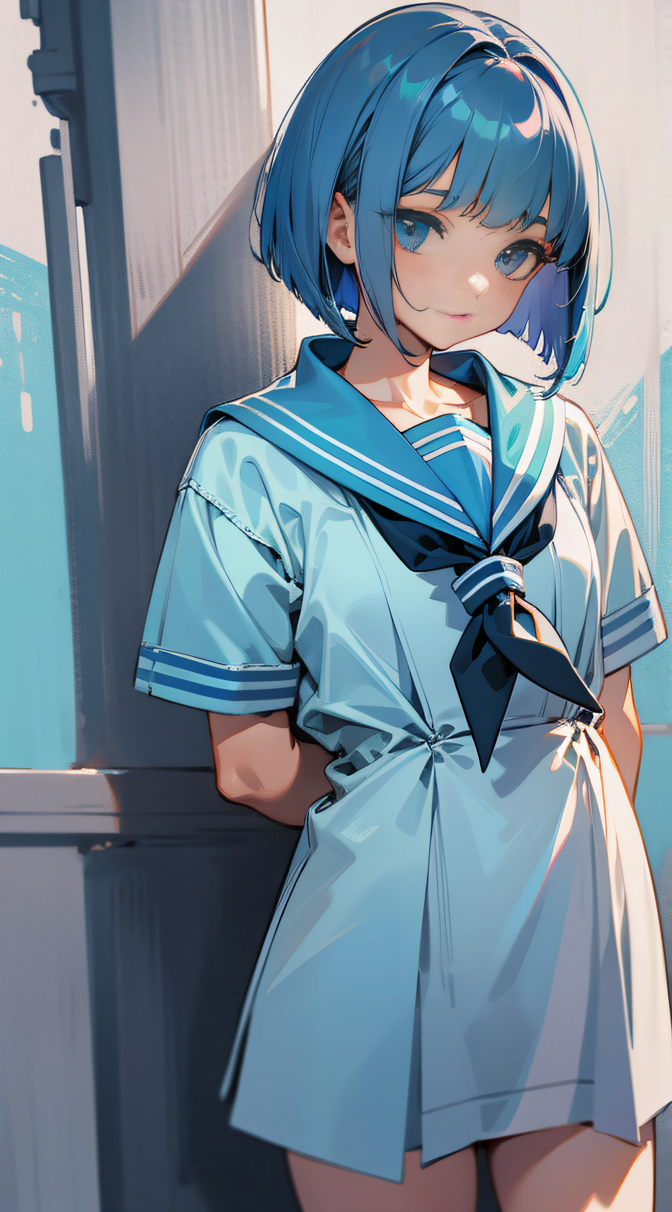 Light blue color　bob cuts　White sailor suit　symple background　high-level image quality