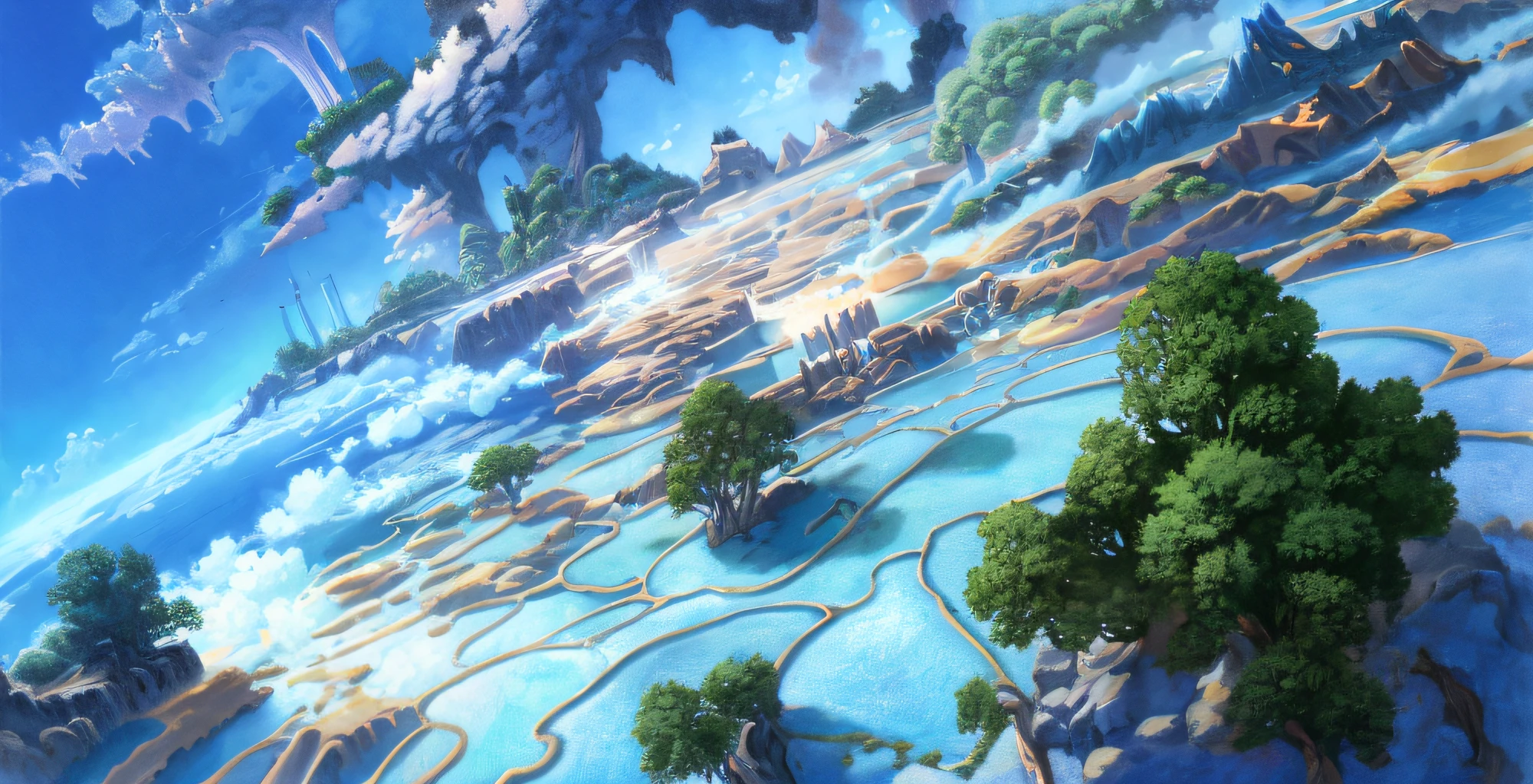 There is a picture of a mountain lake painting, Anime landscape concept art, Anime landscape, Anime background art, anime countryside landscape, Detailed key anime art, high detailed official artwork, Official artwork, anime landscape wallpapers, arte de fundo, art style of rune factory 5, offcial art, colorful anime movie background, gigantic landscape!, from bravely default ii