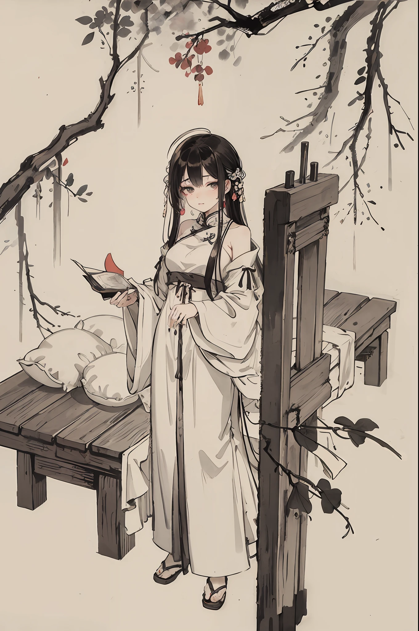 (masterpiece, best quality: 1.2), traditional Chinese ink painting, A cute 18 year old female with medium  breasts, Oversized dress :1.2, Couch, Ultra-detailed face, Detailed eyes, Double eyelid, sfw , long dress