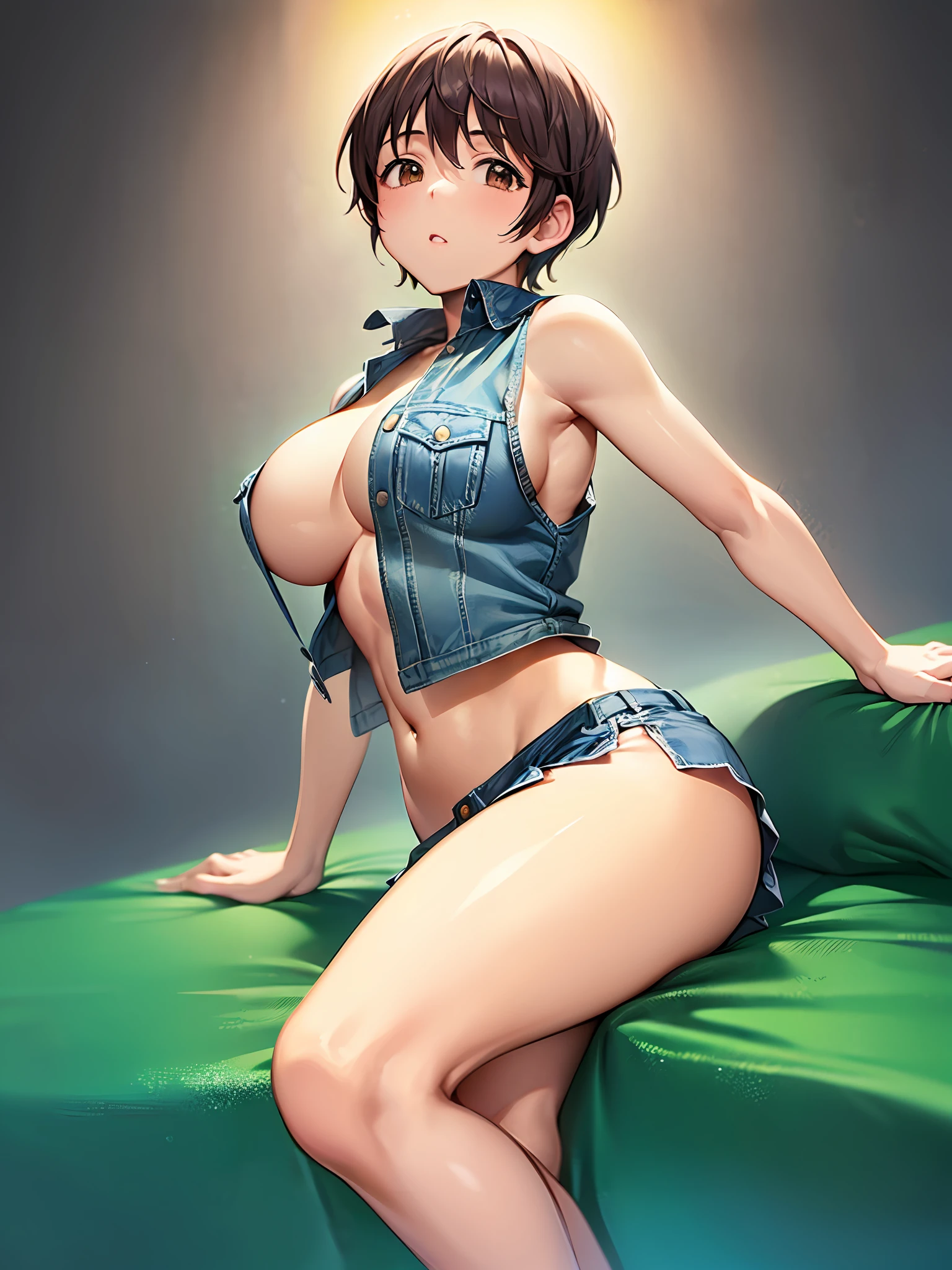 (巨作)), ((Best quality)), (Ultra-detailed), ((kawaii)), kawaii, (Lovely), ((Extremely detailed)), 4K, (8K), Best quality, (Beautiful),(((World-class quality))), Extremely detailed, High resolution, (detailed shaded pretty face), Full body, Adolecente, solo, ((seios gigantescos)), (((Sagging breasts))),((Extra-long hair)),((denim vest,and wear no underwear,Expose navel,Super short skirt)), oikawa shizuku , armpits, On the bed, From the side Side