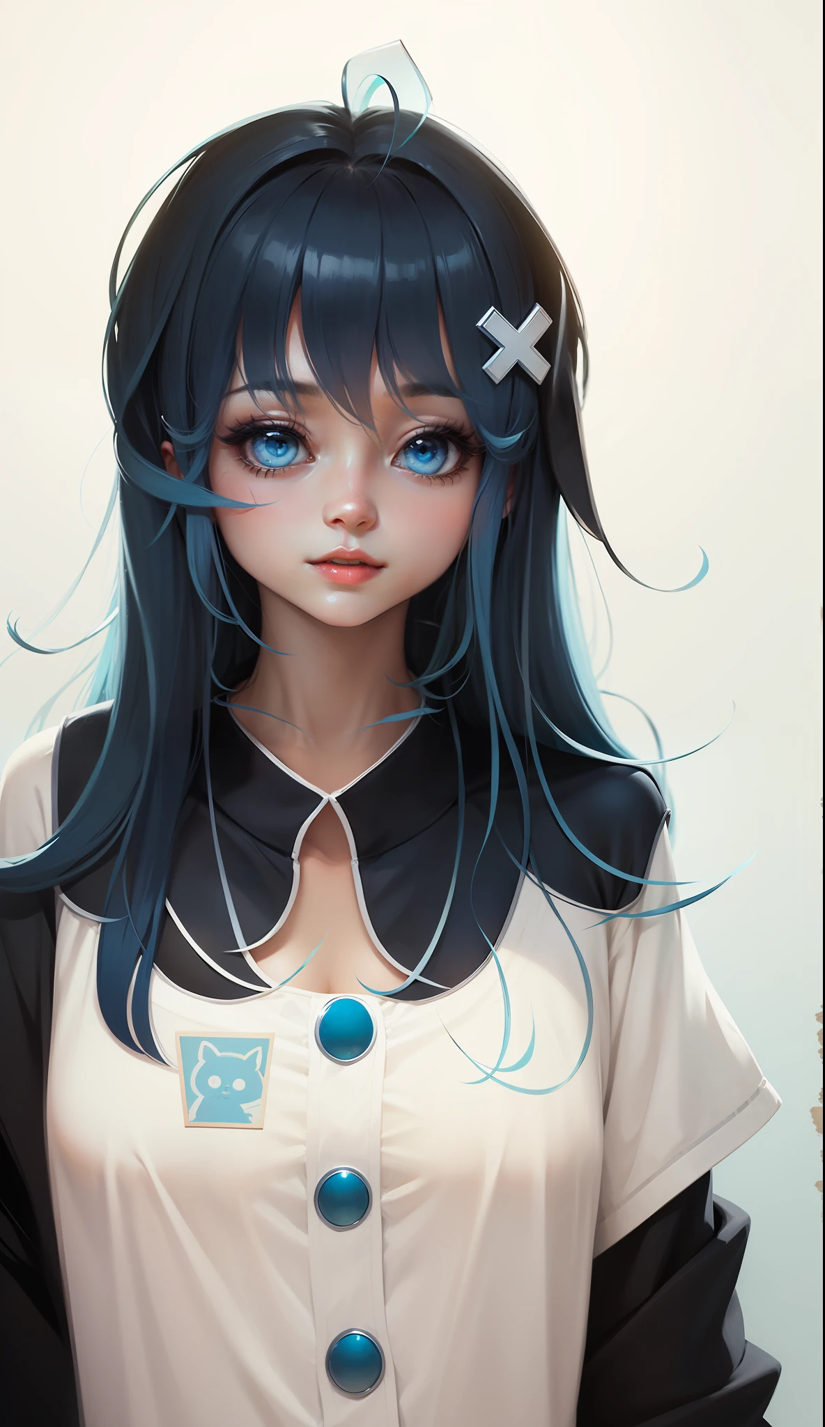 (The painting style is fresh) Female figure with blue hair color,Dressed in white,With dark blue eyes, The whole text is filled with a refreshing feeling。