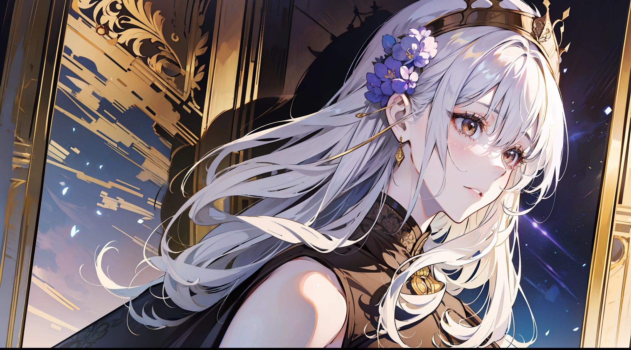 （absurderes，A high resolution），（in a panoramic view），full bodyesbian，A woman who is，mature，big breasts beautiful，Tall，The queen dresses，Lilac intricate dress，Exquisite，Brown eyes，pale-blonde hair，Wears a silver crown on his head，Tears，magic，Delicate wand，Medieval town，borgar