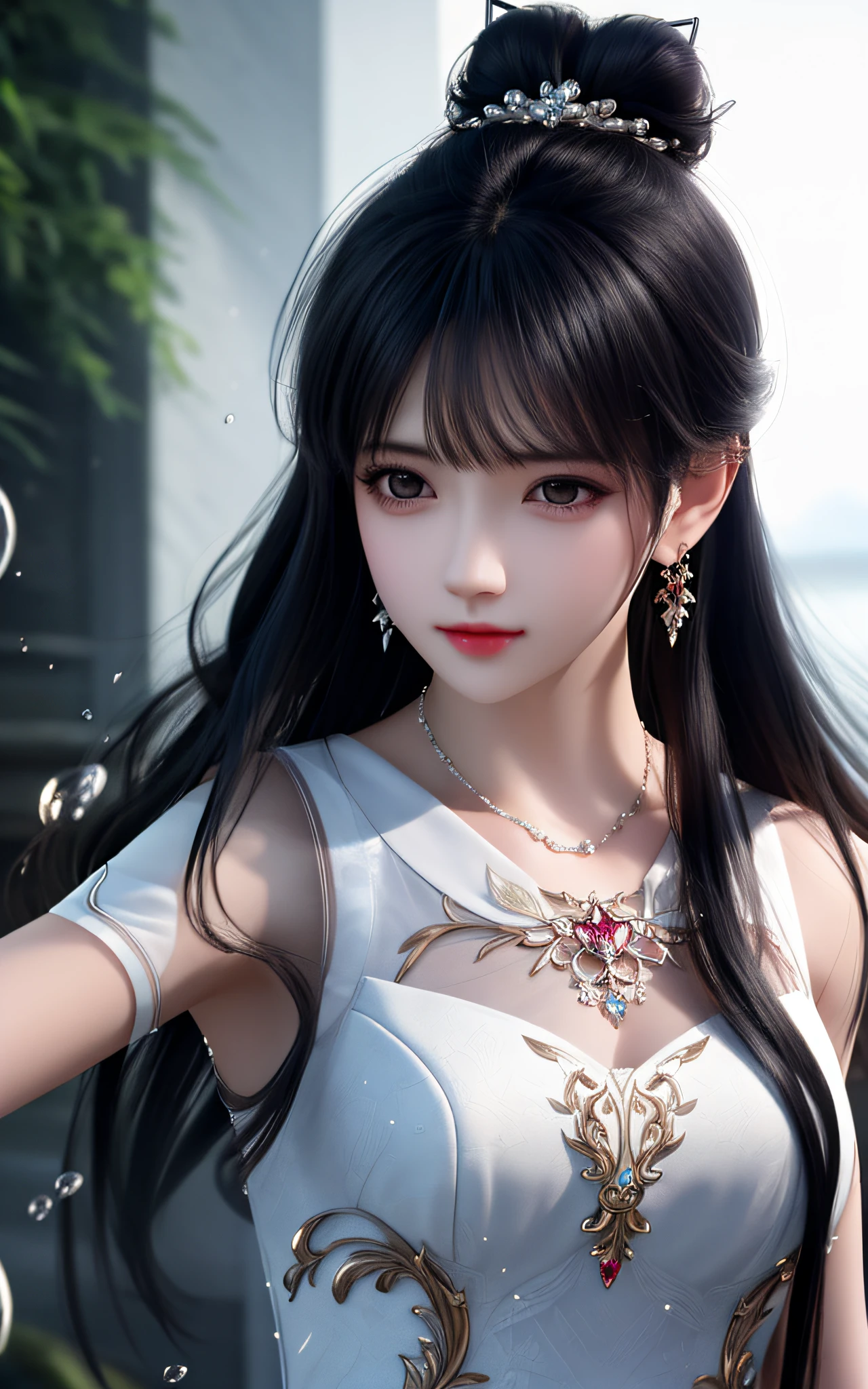 best quality,masterpiece,highres,cg,
1girl,weapon,sword,long hair,dress,water,solo,jewelry,white dress,earrings,hair ornament,splashing,upper body,hair bun,black hair,
lighting,candid,Photograph,high resolution,4k,8k,Bokeh,