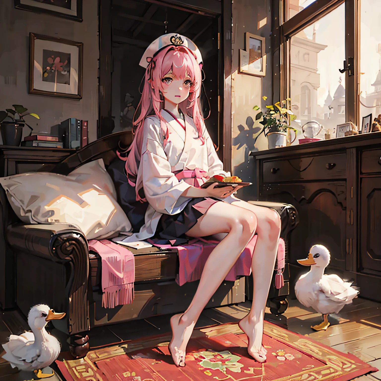 Well-behaved asian girl，Pink hair， Big eyes， The legs are thin, Long and white，The feet are small and beautiful，full bodyesbian，nakeness，duck sitting，photorealestic --auto
