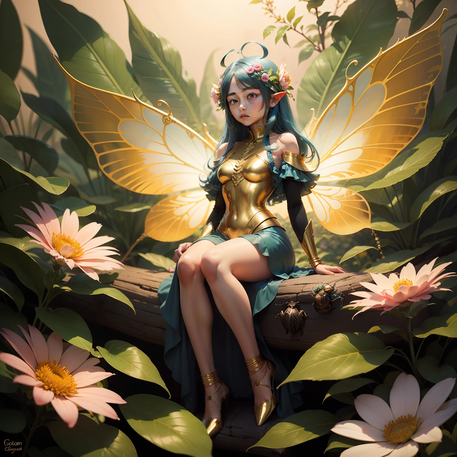 Golden cicada fairy,surrounded by colorful flowers
