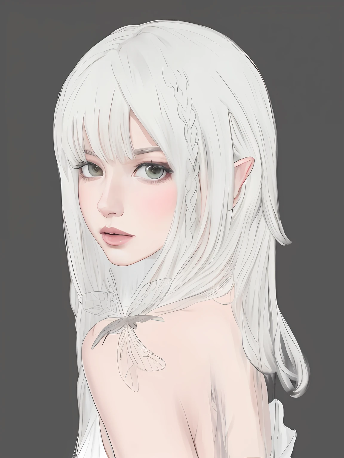 There is a painting,The painting shows a woman with white hair, Kawaii realistic portrait, anime realism style, Soft anime illustration, semirealistic anime style, portrait of an elf, Girl with white hair, Elf Girl, 🤤 girl portrait, detailed matte fantasy portrait, in the art style of bowater, Anime style portrait, portrait of an elf, made with anime painter studio,There is a silver dragonfly on the shoulder