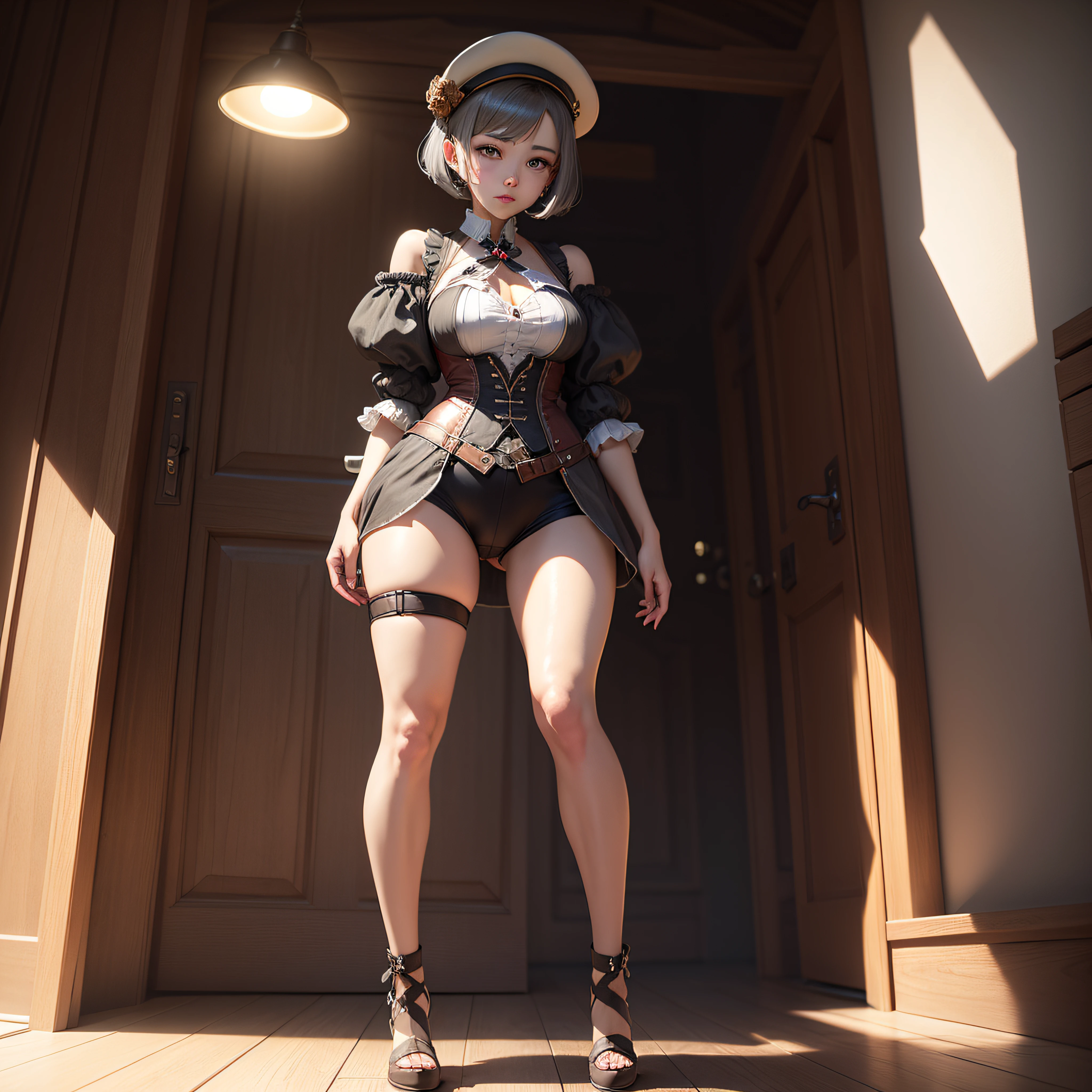 (in 8K、Raw photography、beste-Qualit、tmasterpiece:1.2)、(female pervert、a photorealistic:1.37)、(aegyo sal:1)、cute little、Professional Writing、photon maping、Physically Based Rendering、bob cuts、Gray eye、Night、steampunc、Clear background、fullllbody --auto