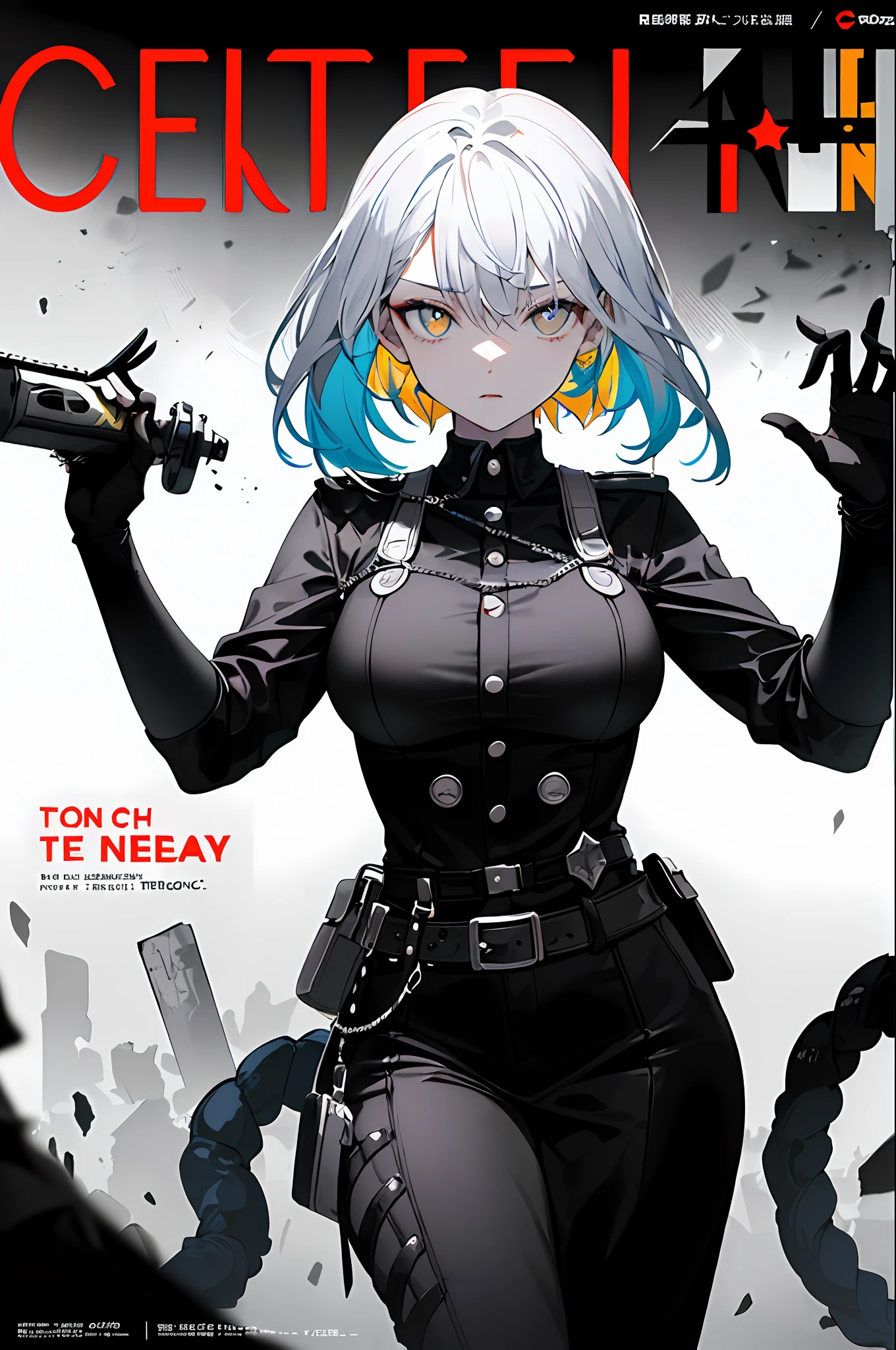 ((((dramatic))), (((gritty))), (((intense))) film poster featuring a young woman as the central character. She stands confidently in the center of the poster, wearing a stylish and edgy outfit, with a determined expression on her face. The background is dark and gritty, with a sense of danger and intensity. The text is bold and attention-grabbing, with a catchy tagline that adds to the overall feeling of drama and excitement. The color palette is mainly dark with splashes of vibrant colors, giving the poster a dynamic and visually striking appearance,tachi-e
(magazine:1.3), (cover-style:1.3), fashionable, woman, vibrant, outfit, posing, front, colorful, dynamic, background, elements, confident, expression, holding, statement, accessory, majestic, coiled, around, touch, scene, text, cover, bold, attention-grabbing, title, stylish, font, catchy, headline, larger, striking, modern, trendy, focus, fashion,