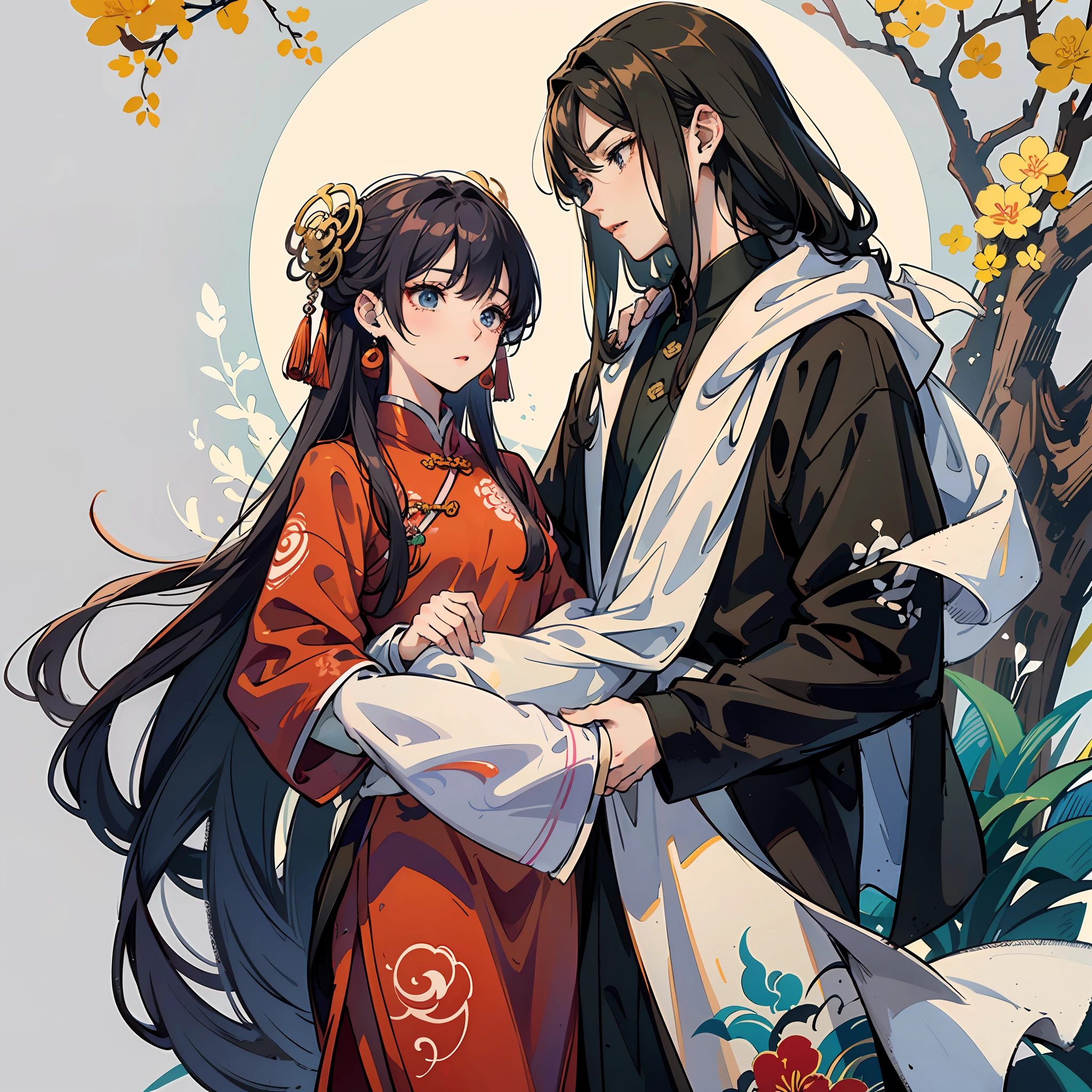 Anime couples with, Middle Metaverse, inspired by Zhang Wo, Inspired by Seki Dosheng, Inspired by Song Maojin, inspired by Huang Gongwang, Chiba Yuda, An anime cover ,sweet osmanthus,Hanfu,on cheongsam,Shawl ,((zentangle))